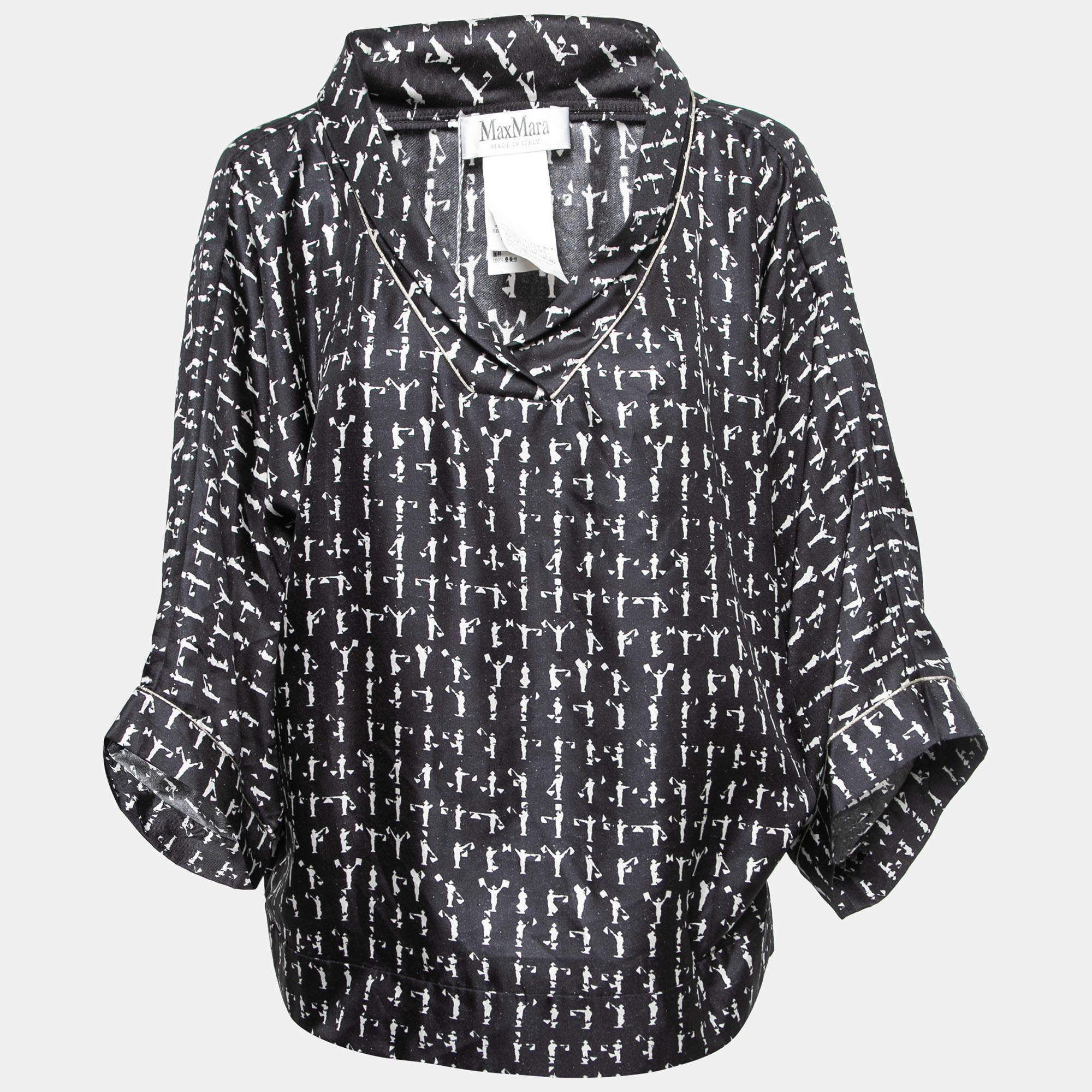 Pre Owned Max Mara Black Printed Silk Tunic Top L