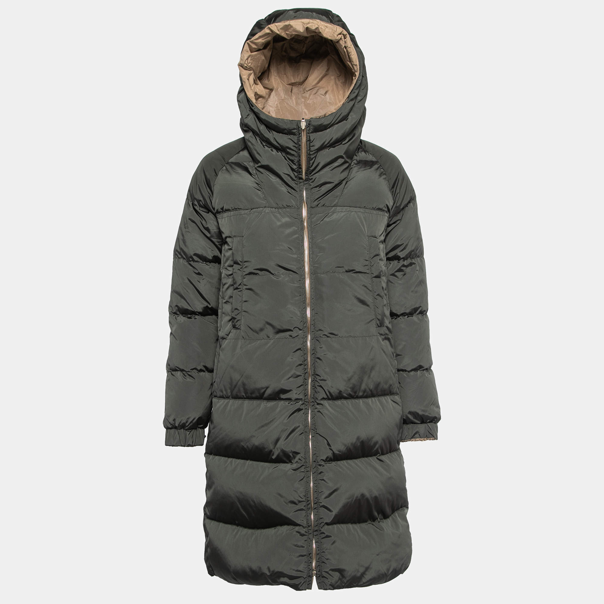 Pre Owned Max Mara Green/Beige Quilted Nylon Padded Mid Length Reversible Coat XS