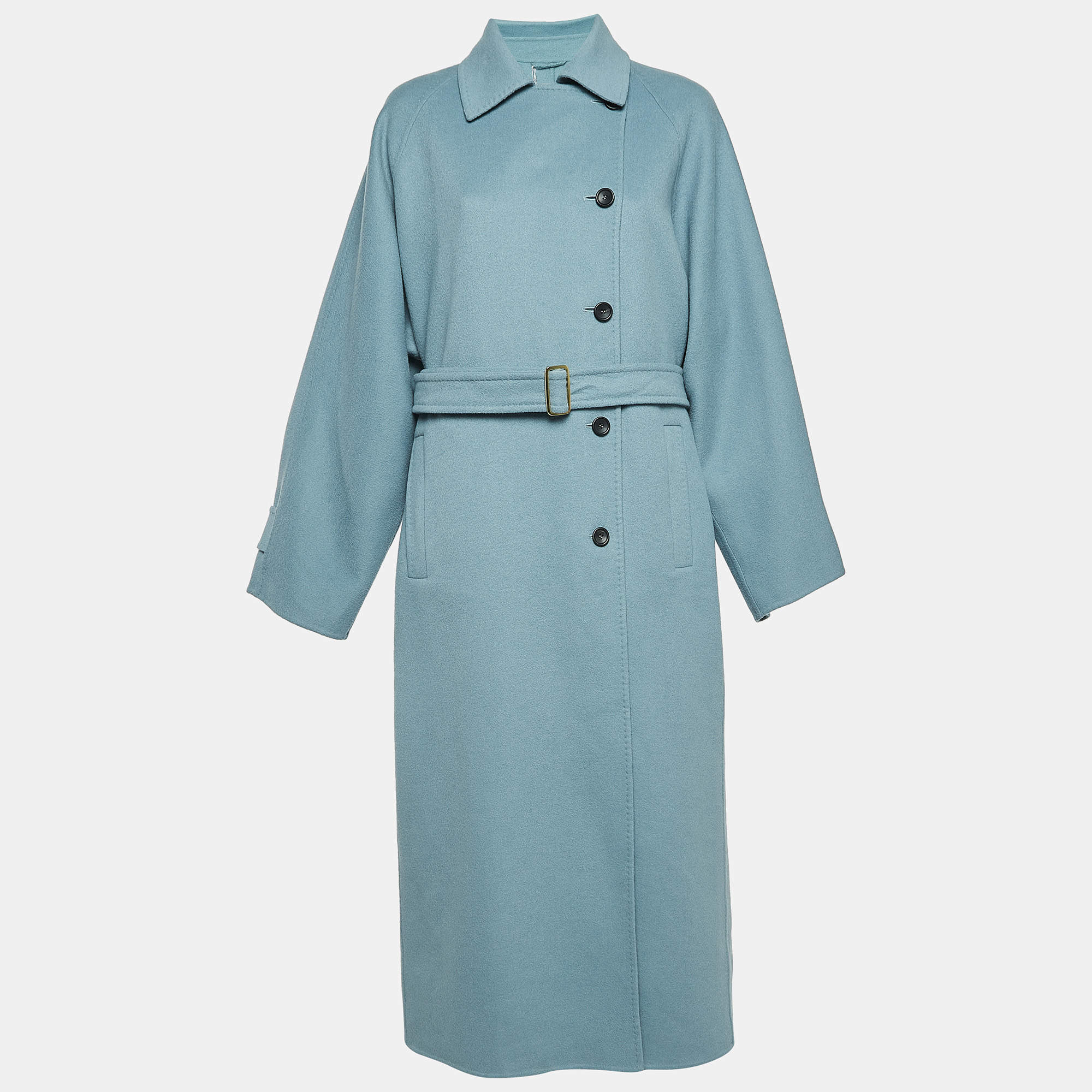 Max Mara Blue Wool Single Breasted Belted Trench Coat L