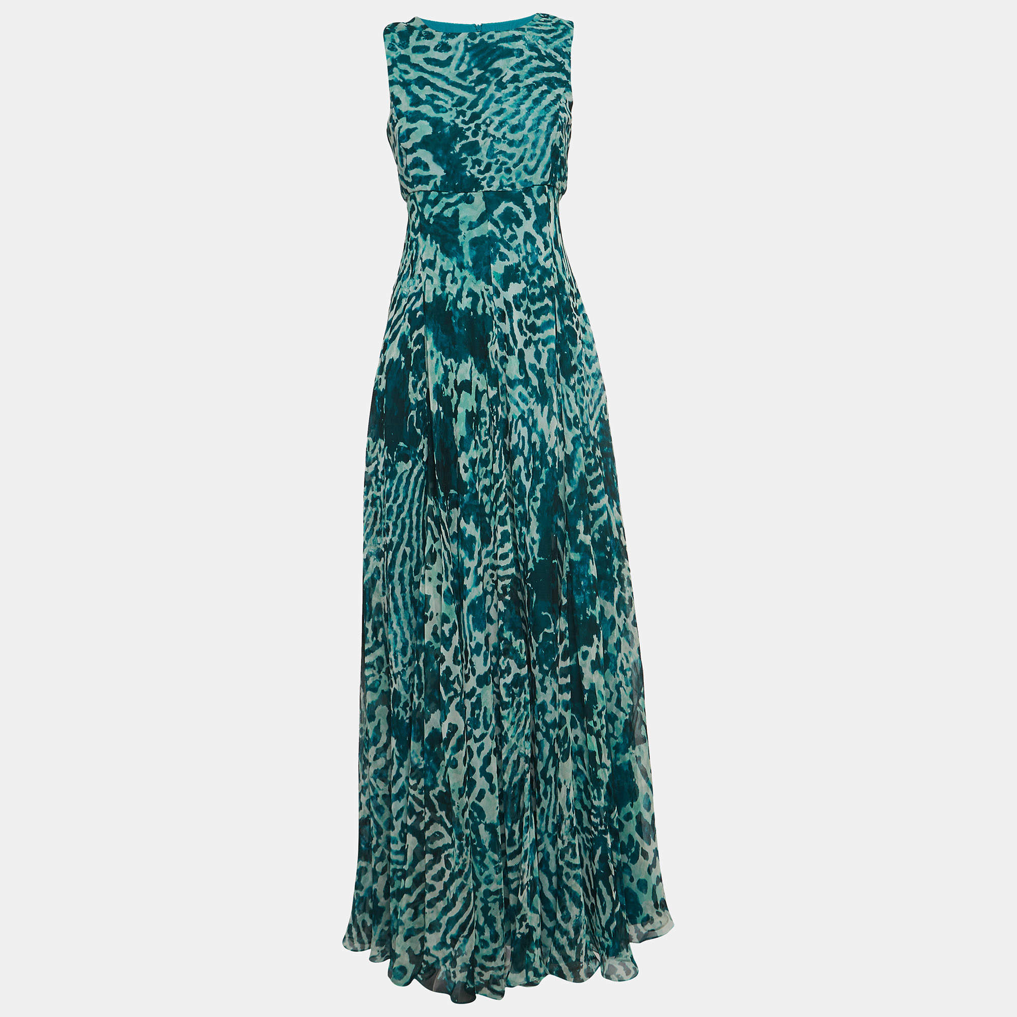 Max Mara Green Animal Printed Silk Sleeveless Maxi Dress S