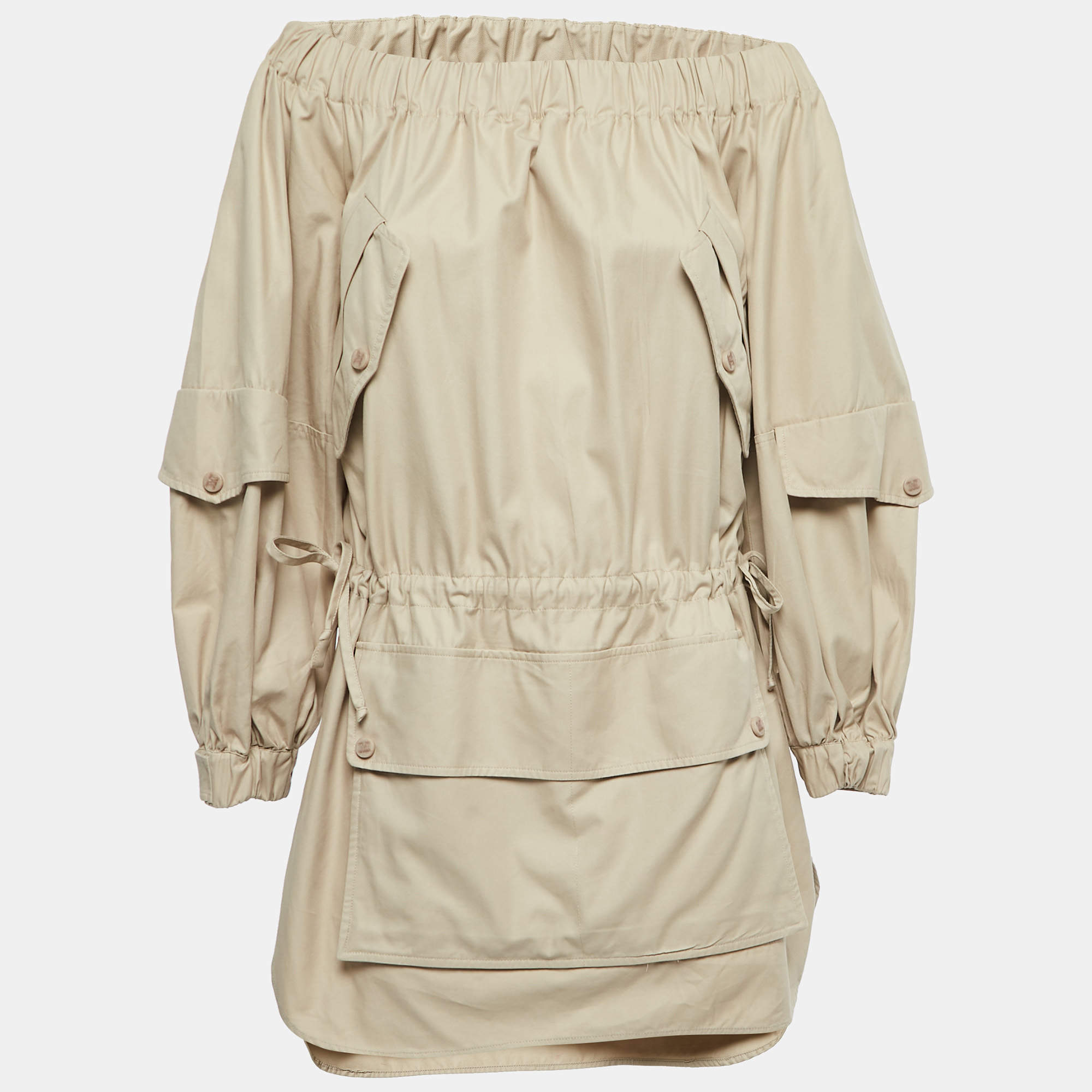 Max Mara Sfilata Beige Cotton Off Shoulder Pocket Detail Mini Dress S