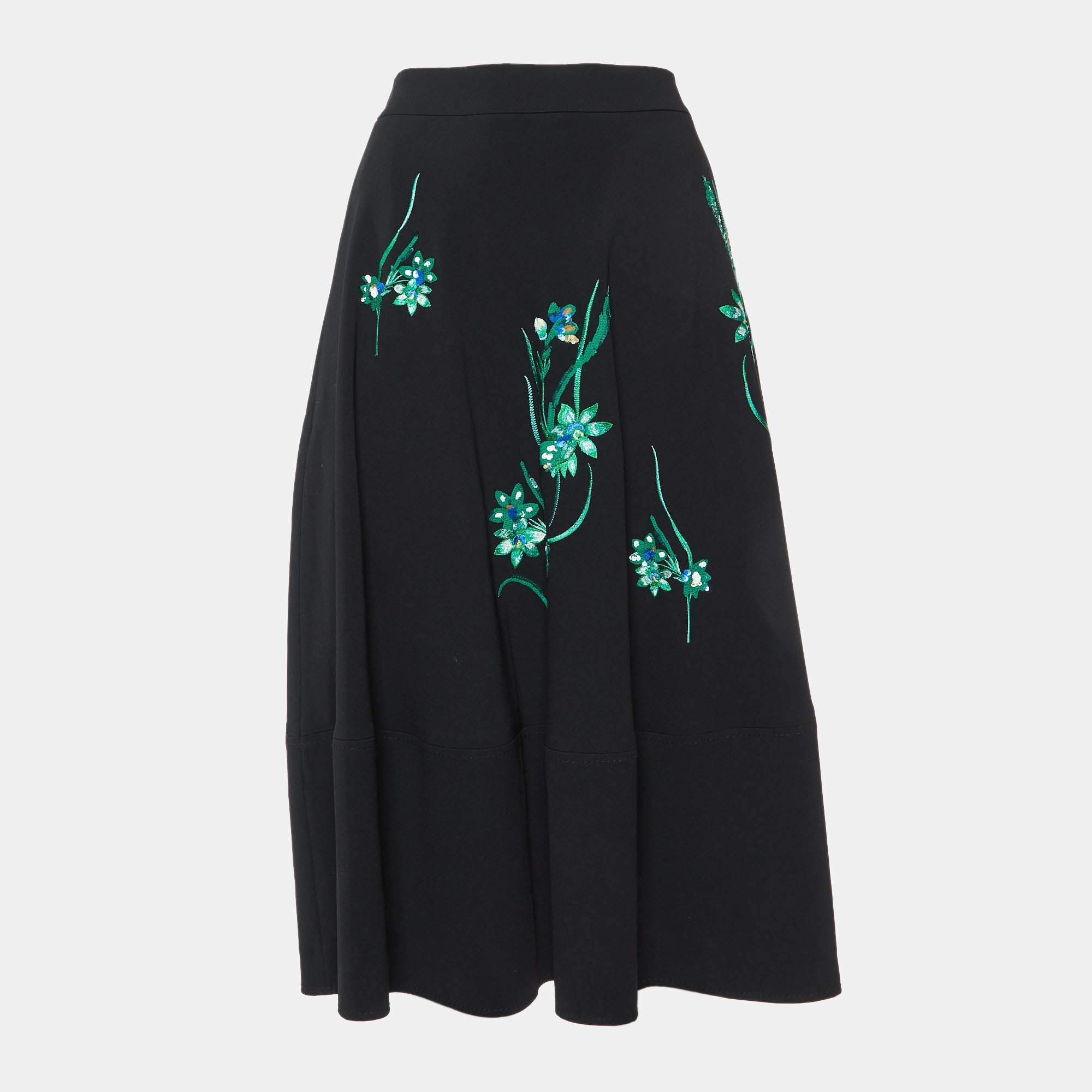 Max Mara Studio Black Crepe Floral Embellished Midi Skirt M