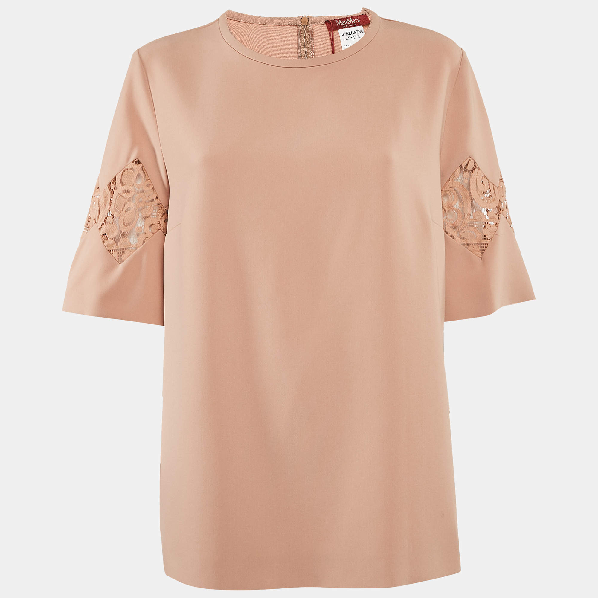 Max Mara Studio Dark Beige Crepe Lace Trimmed Top L