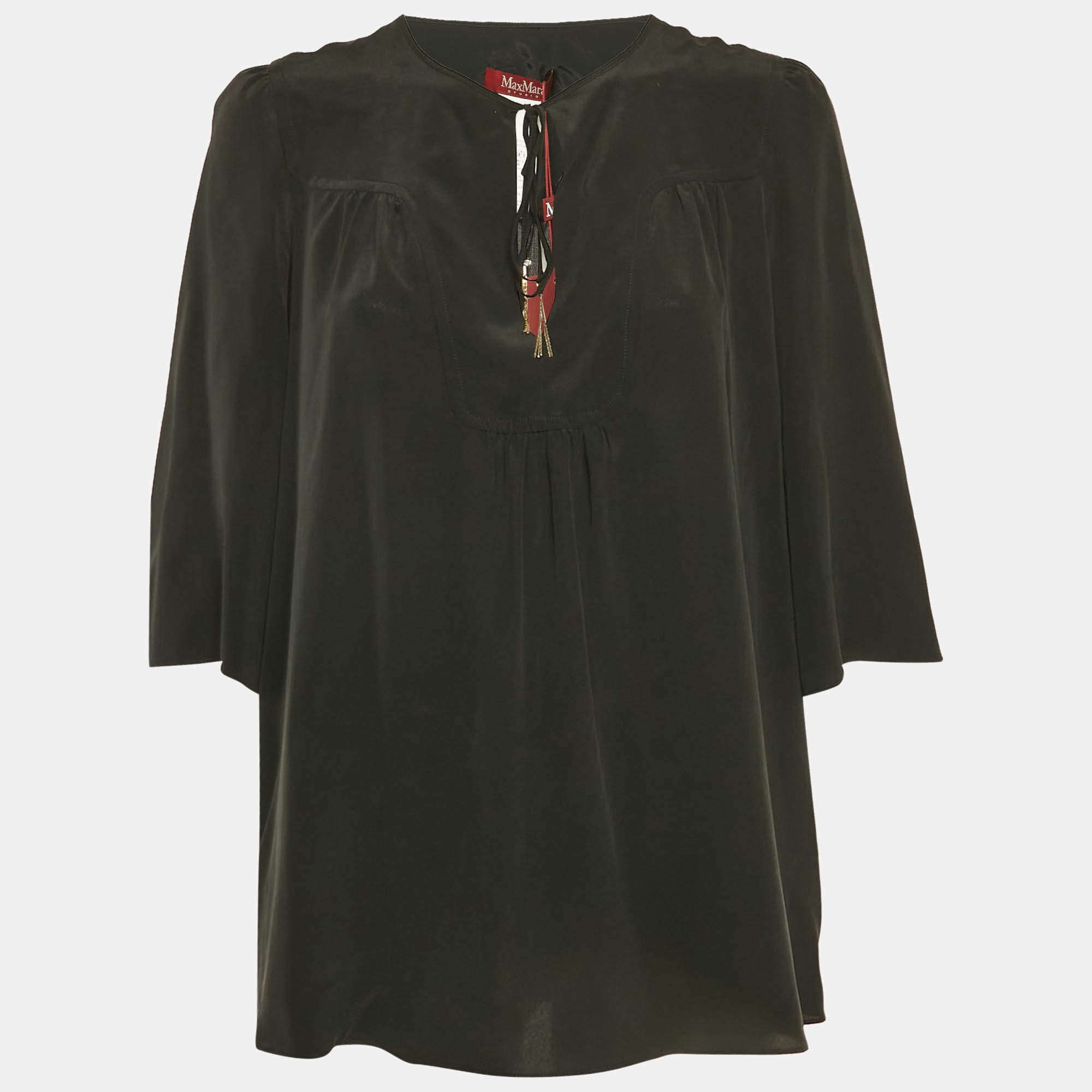 Max Mara Studio Black Silk Tie-Up Neck Blouse S
