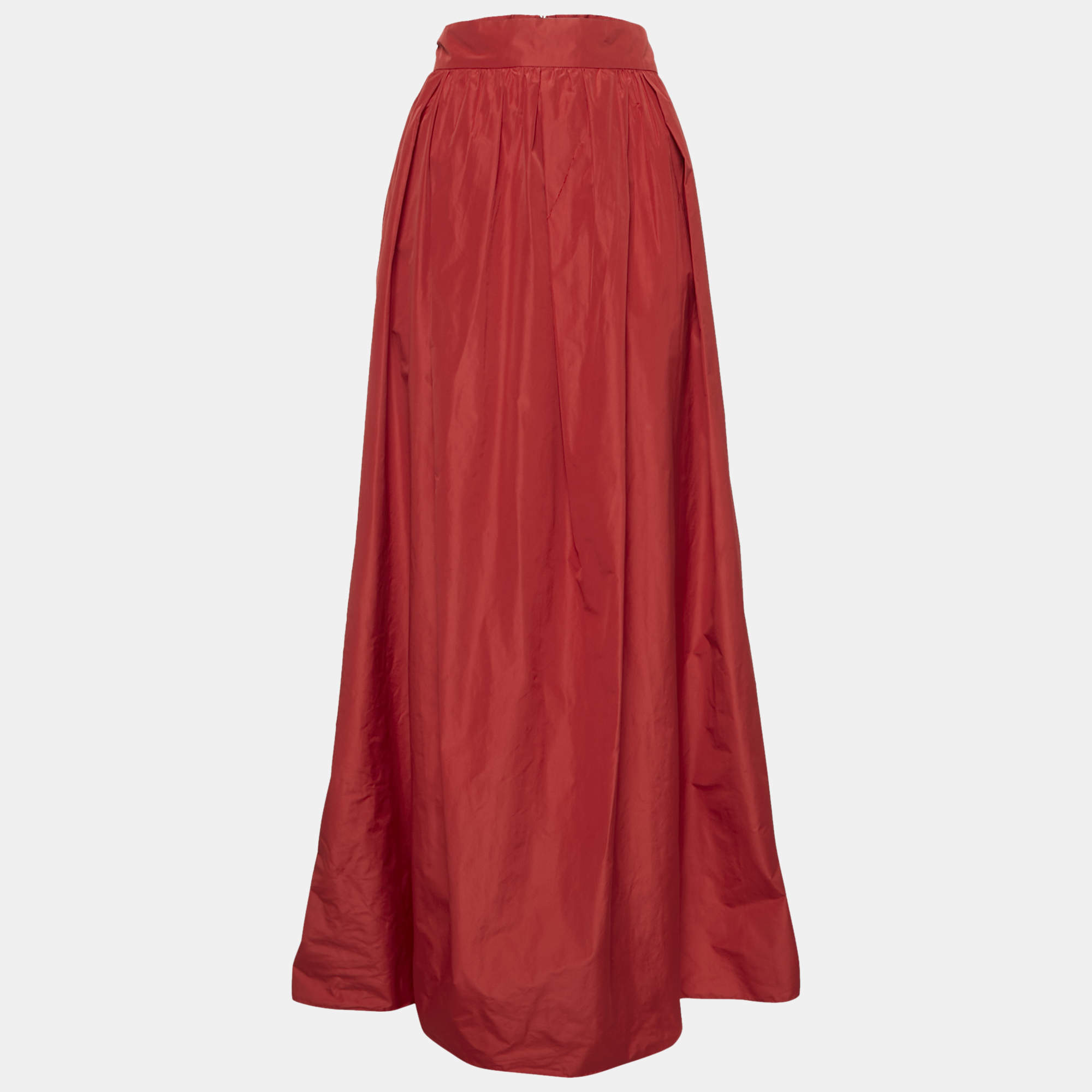Pre Owned Max Mara Studio Red Crepe Gathered Maxi Skirt L