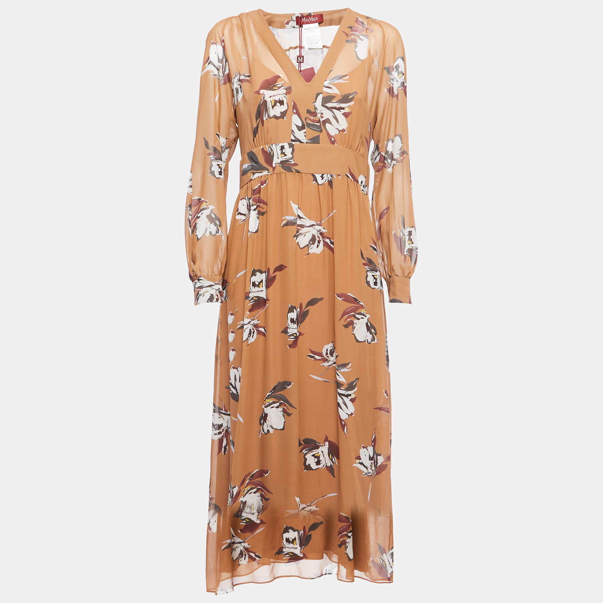 Pre Owned Max Mara Brown Floral Printed Silk Maxi Dress M
