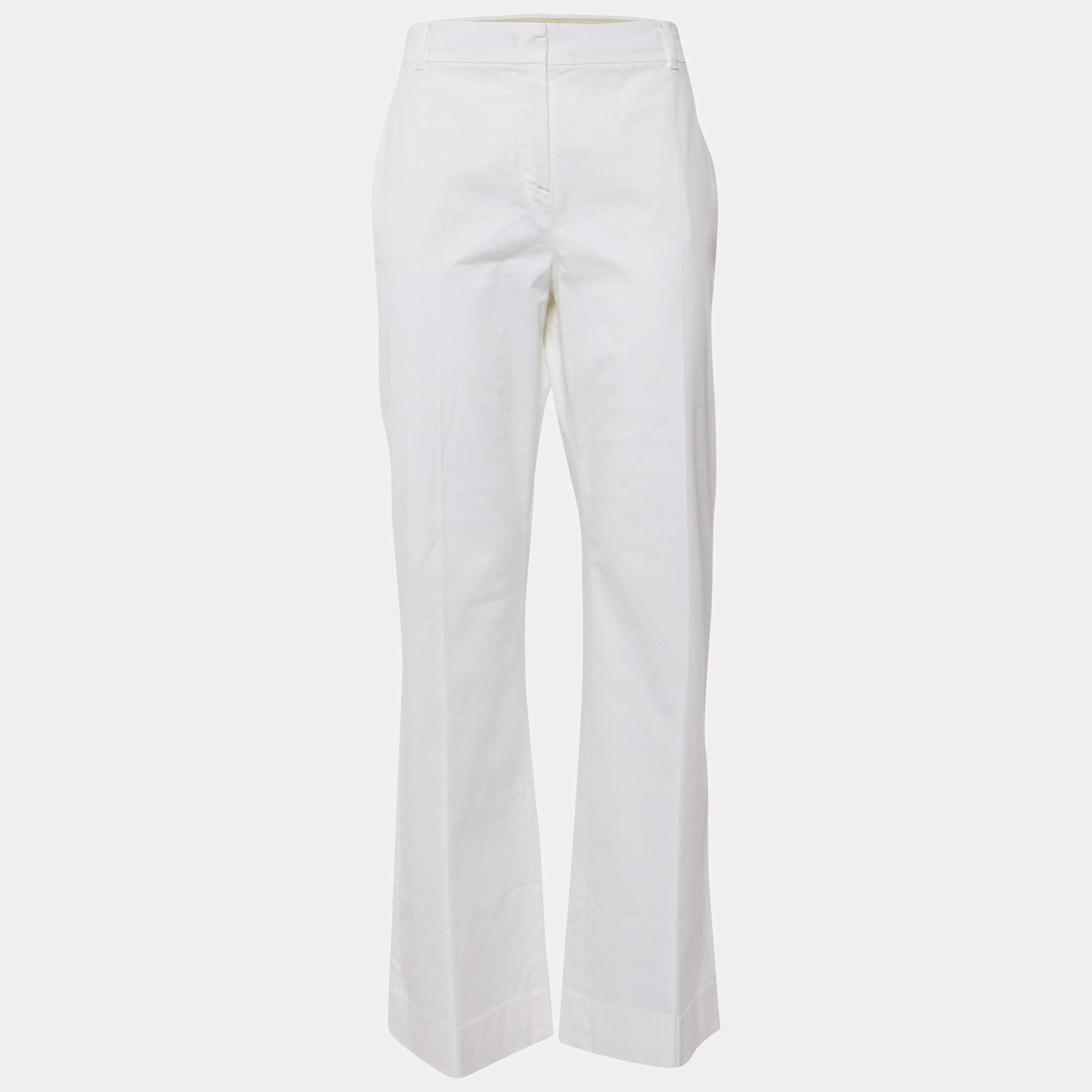Pre Owned Max Mara Studio White Stretch Cotton Straight Fit Pants L/Waist 35.5"