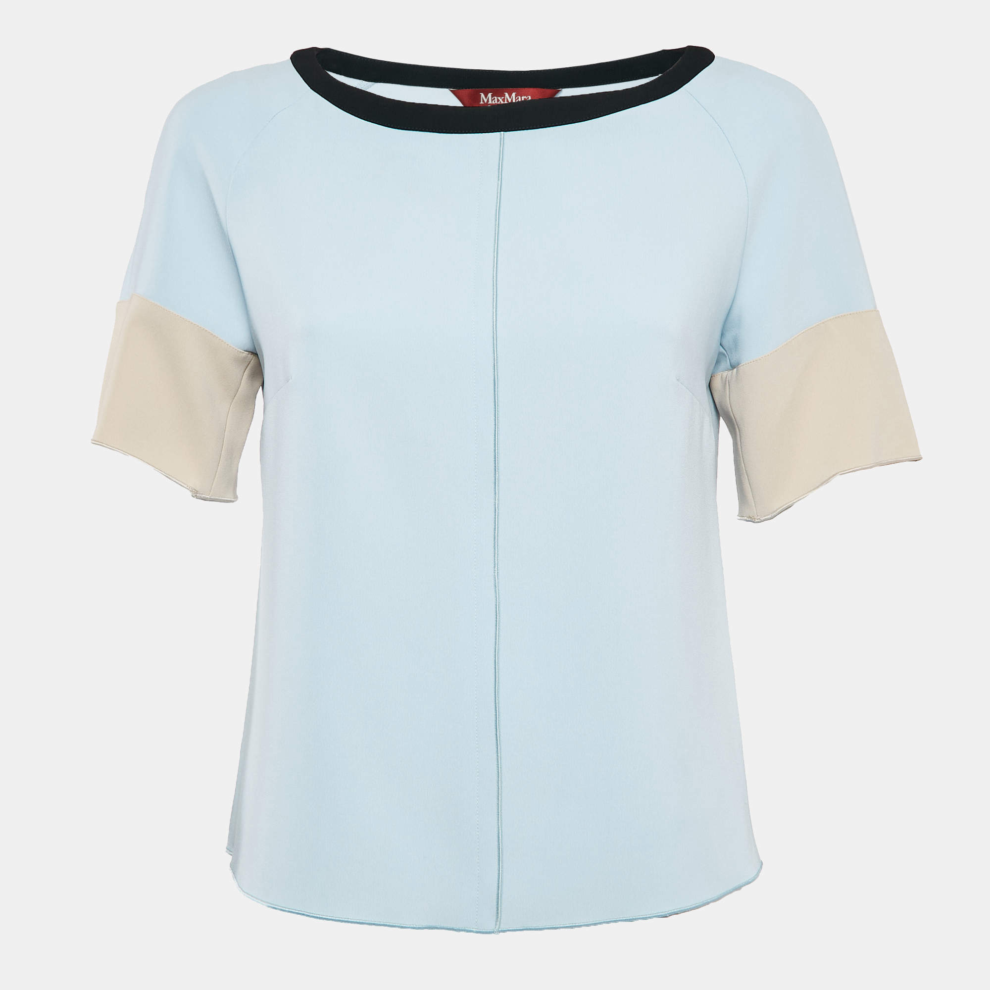 Max Mara Studio Blue Contrast Trim Crepe Short Sleeve Blouse M