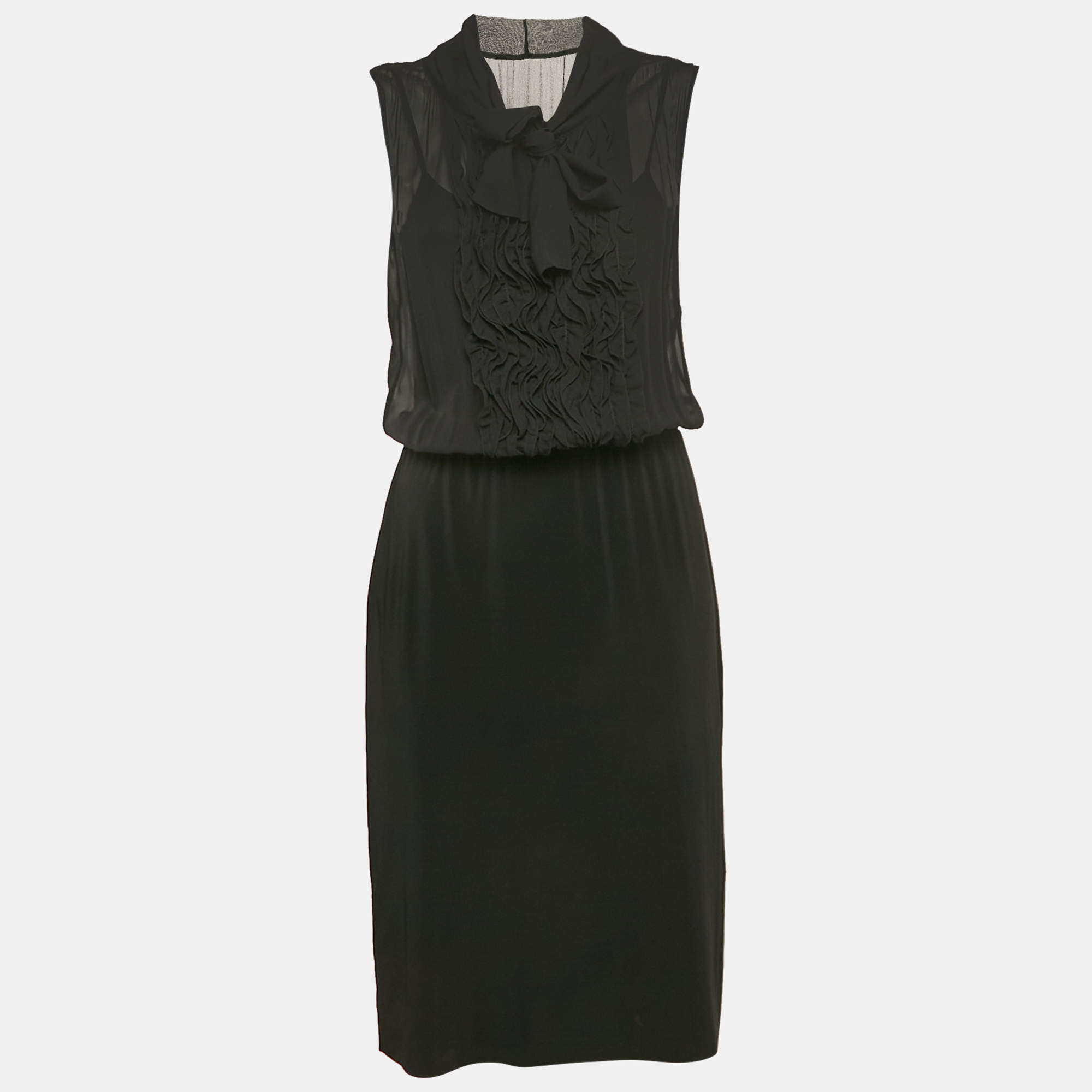 Max Mara Studio Black Silk and Jersey Ruffled Detail Midi Dress M