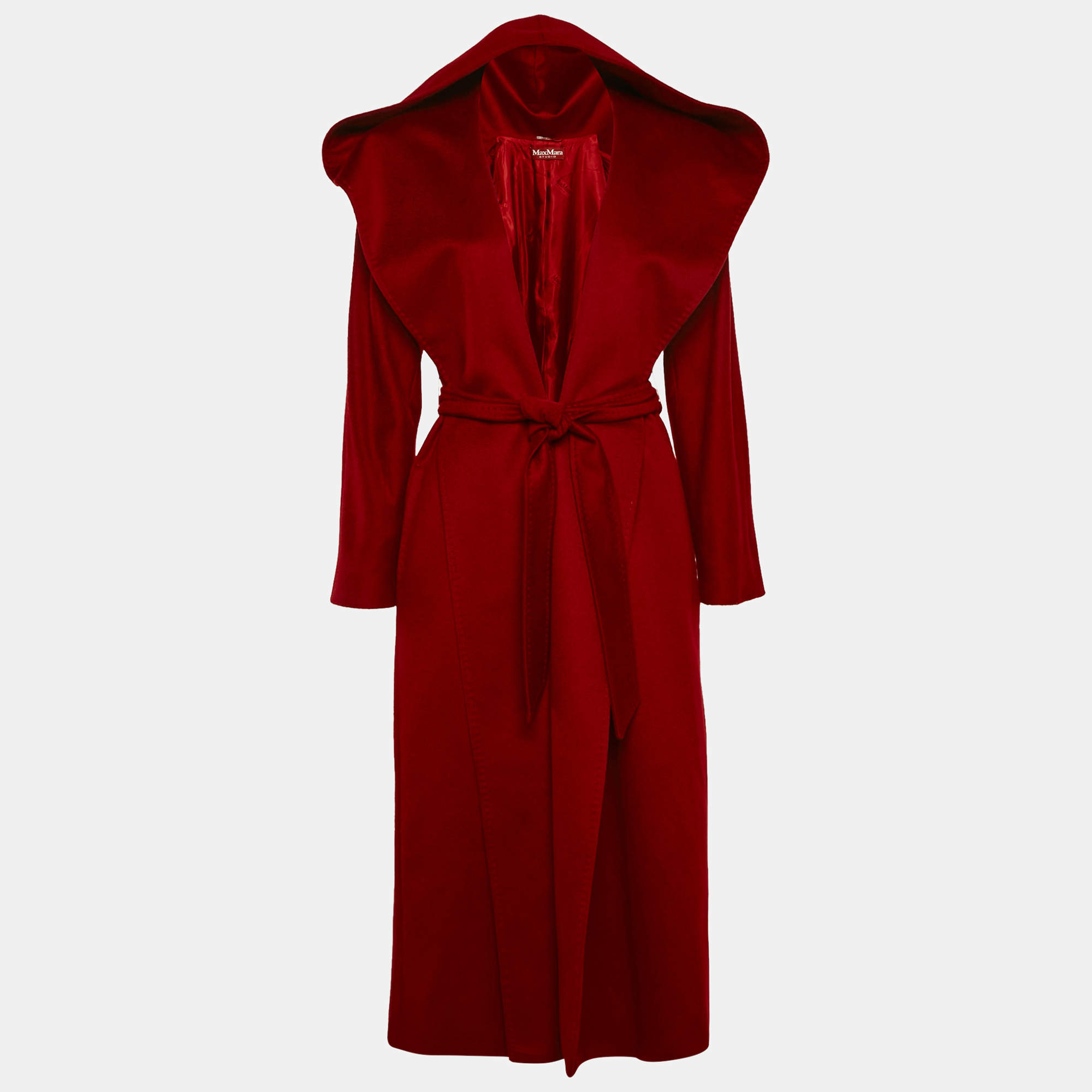 Max Mara Studio Red Cashmere Open Front Hooded Long Coat S