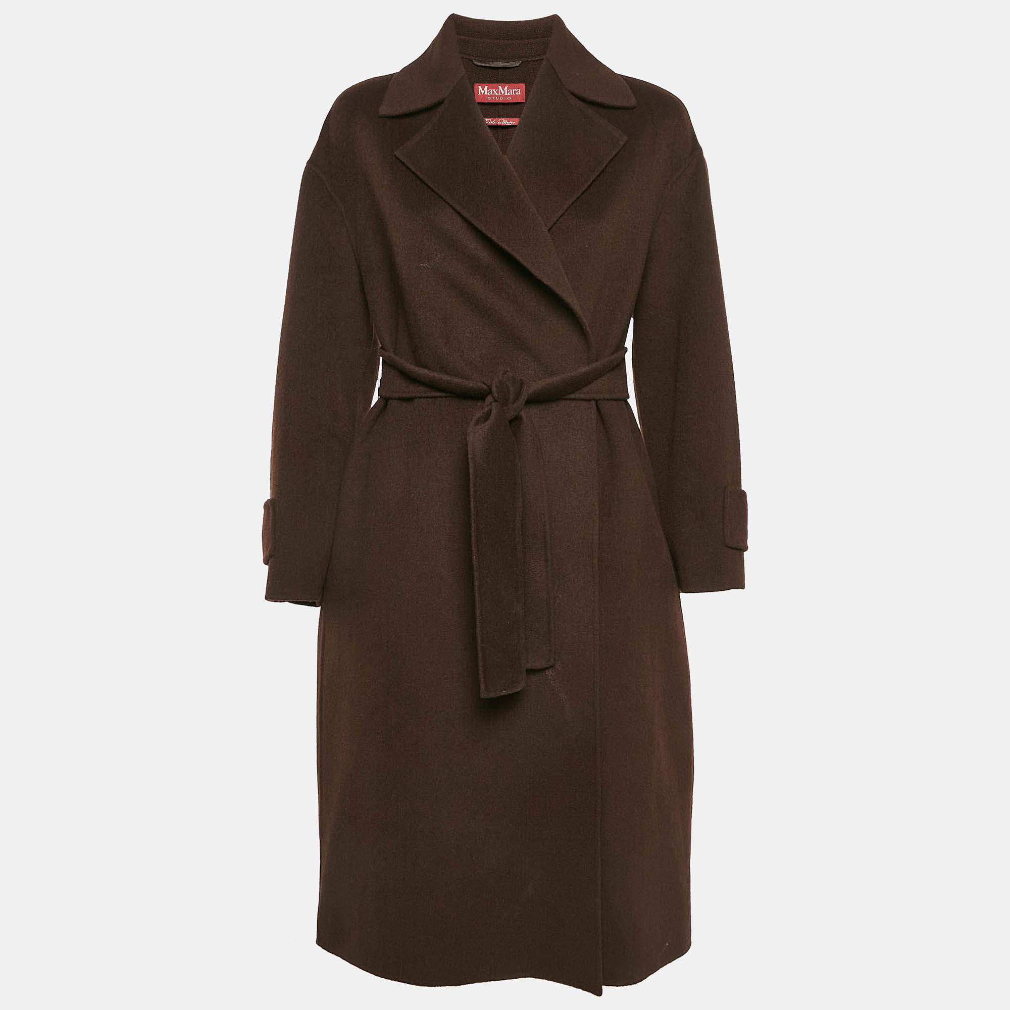 Max Mara Studio Brown Virgin Wool and Cashmere Open Front Belted Long Coat S