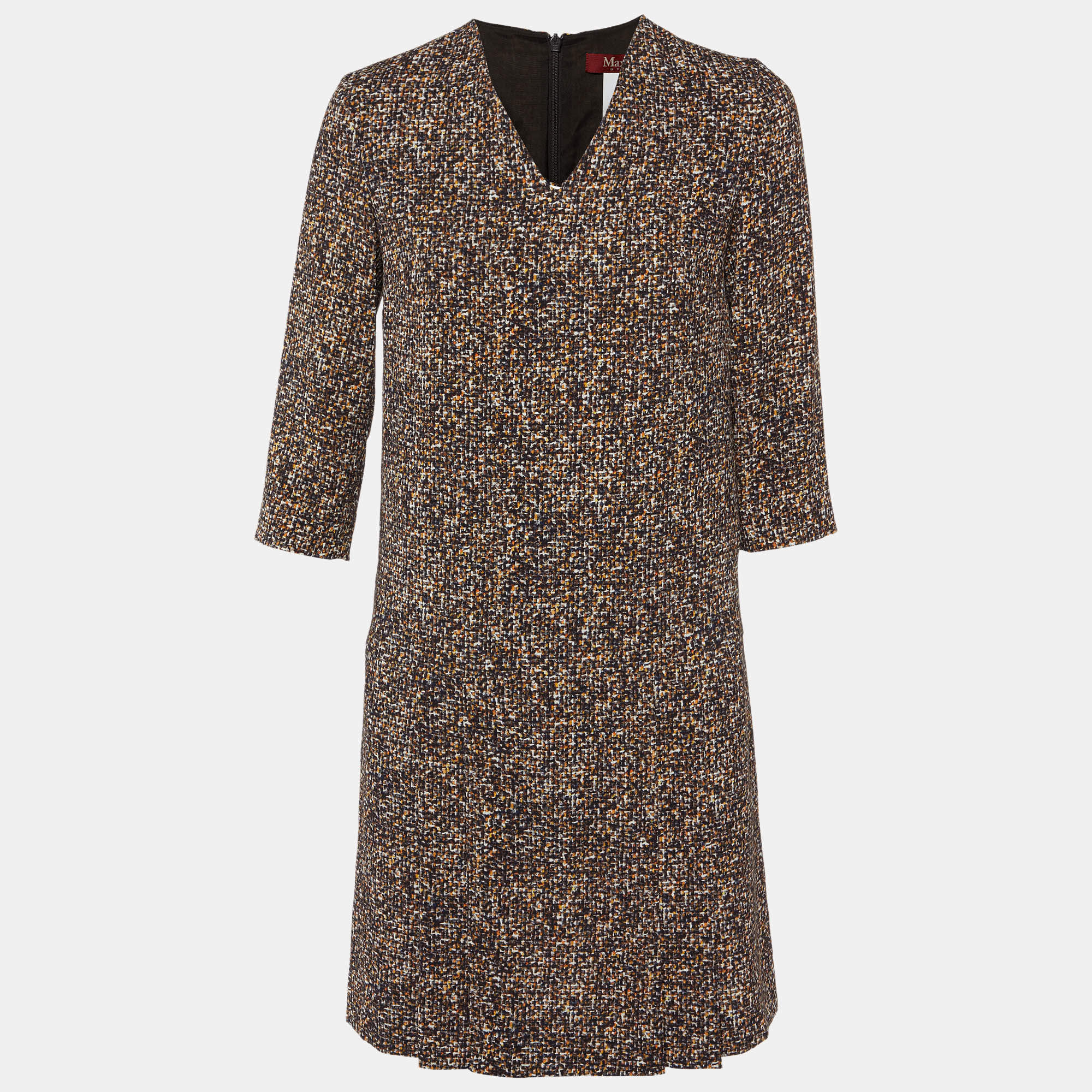 Pre Owned Max Mara Studio Brown Printed Crepe V-Neck Dress S
