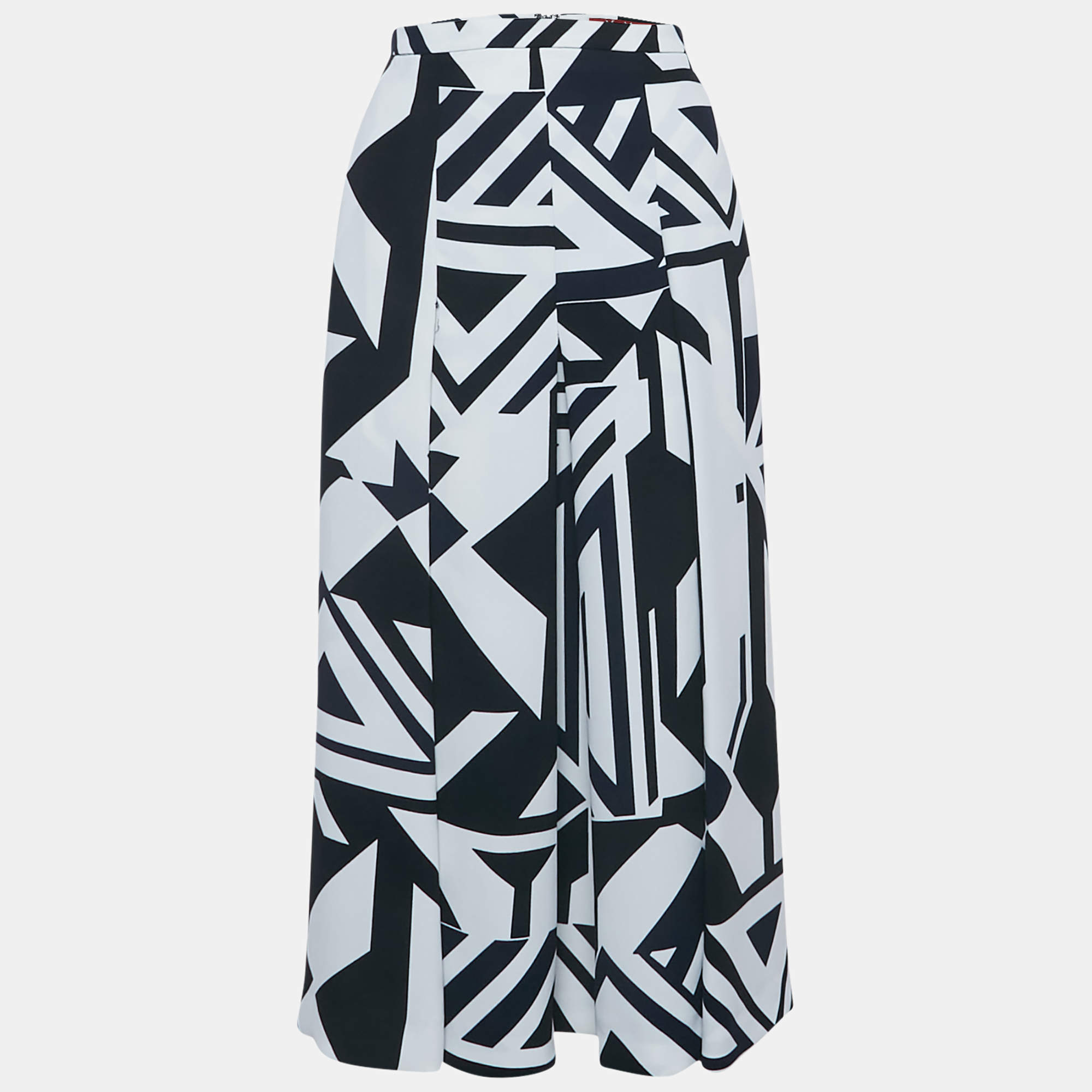 Pre Owned Max Mara Studio Navy Blue Printed Crepe Pleated Midi Skirt S