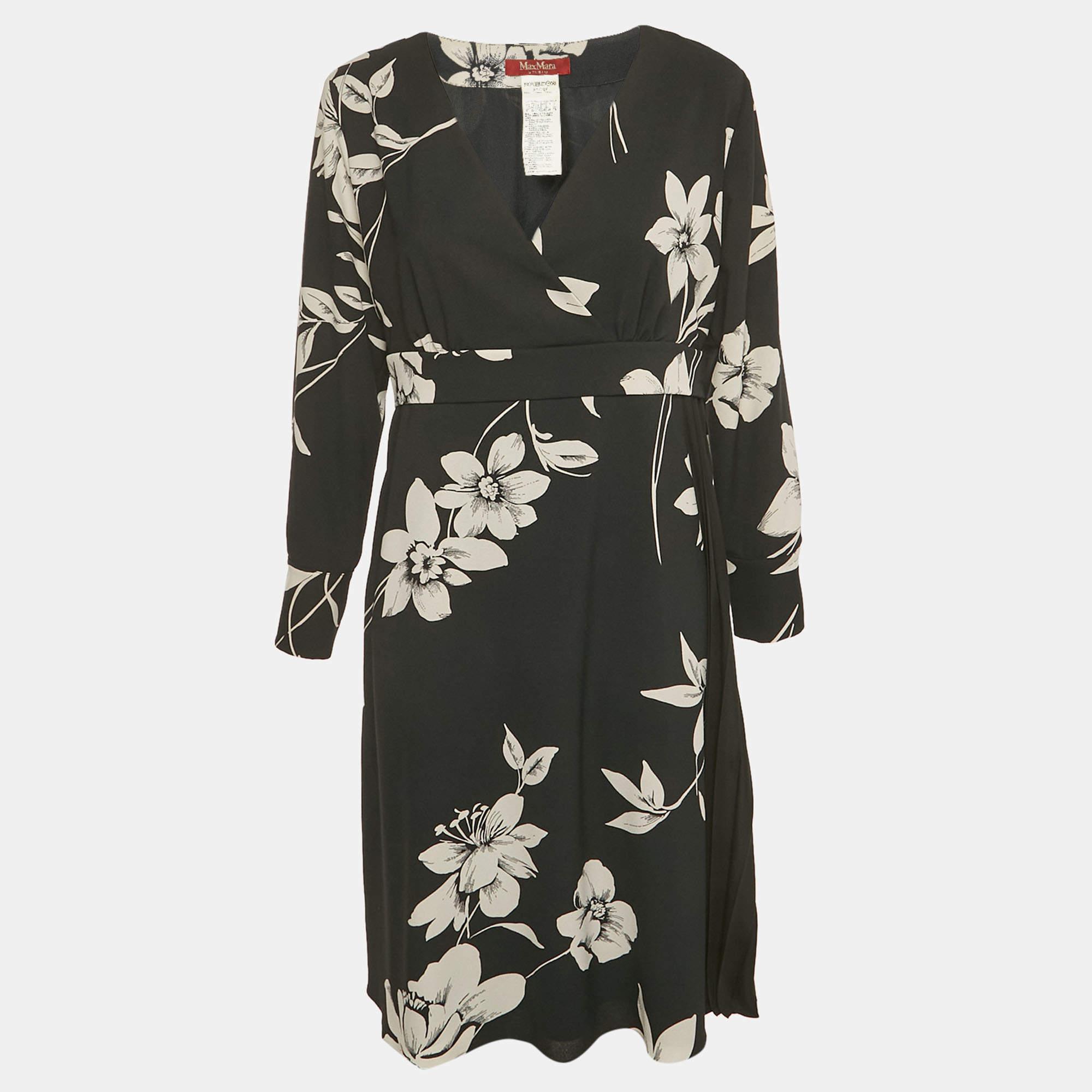 Pre Owned Max Mara Studio Black Floral Print Crepe Pleat Detailed Short Dress L