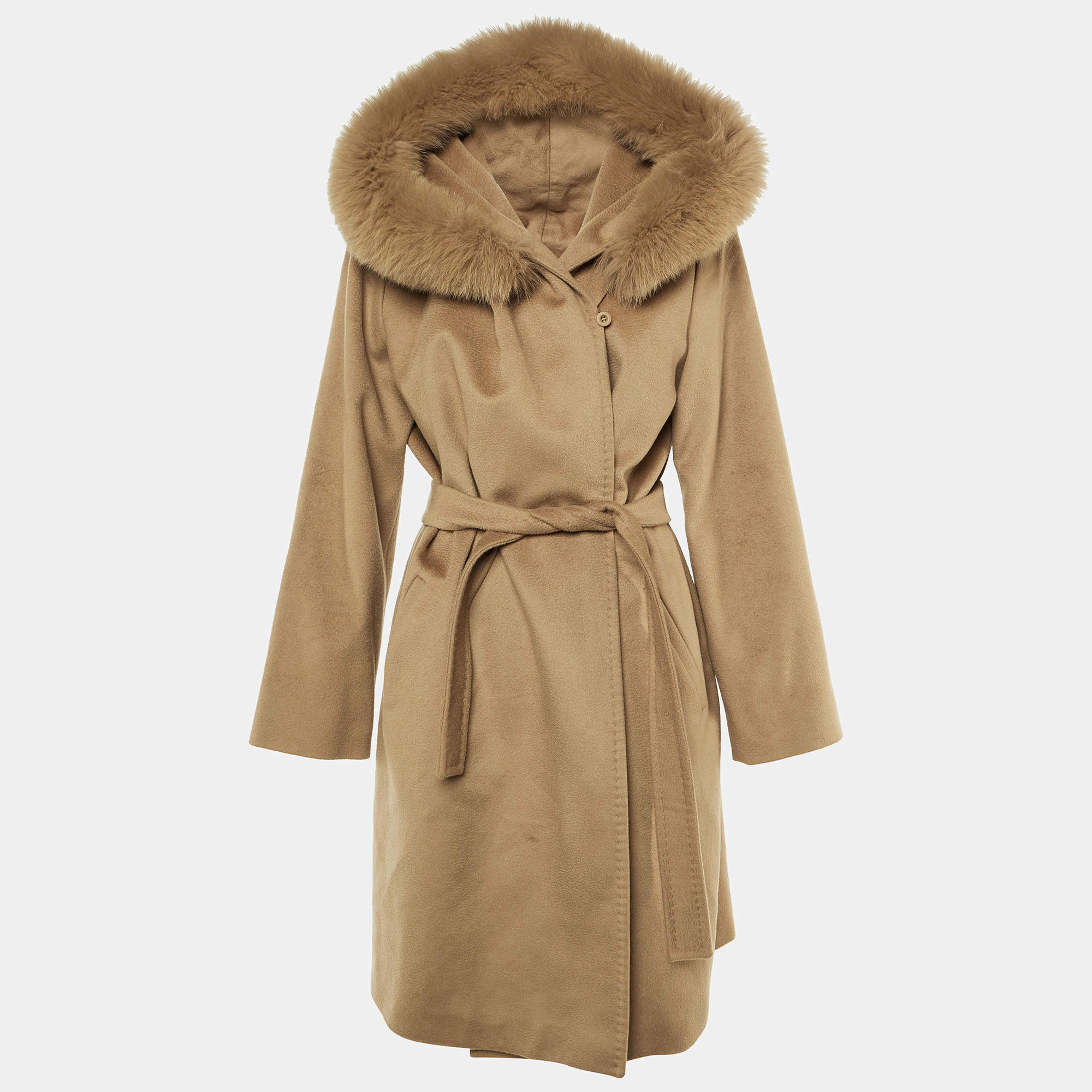 Pre Owned Max Mara Studio Beige Wool Detachable Fur Hood Coat L