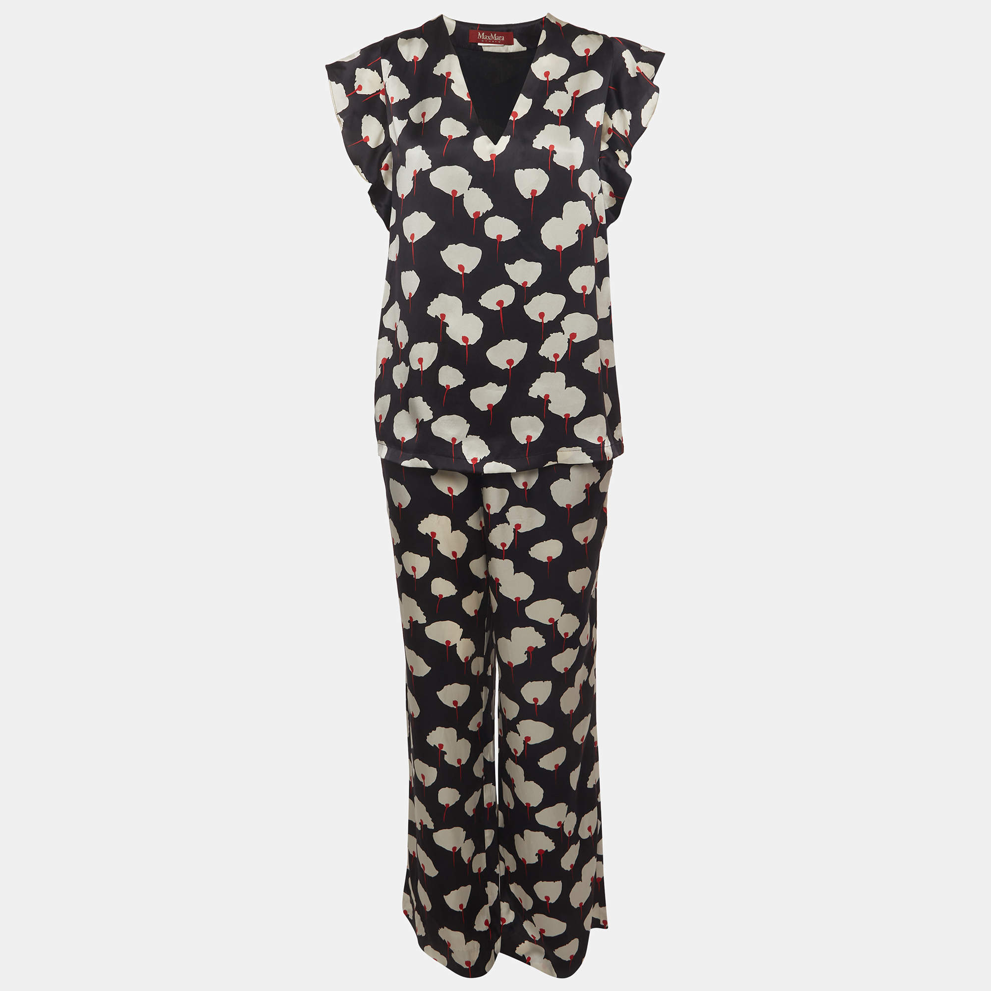 Pre Owned Max Mara Studio Black Floral Print Silk Pants and Top Set L