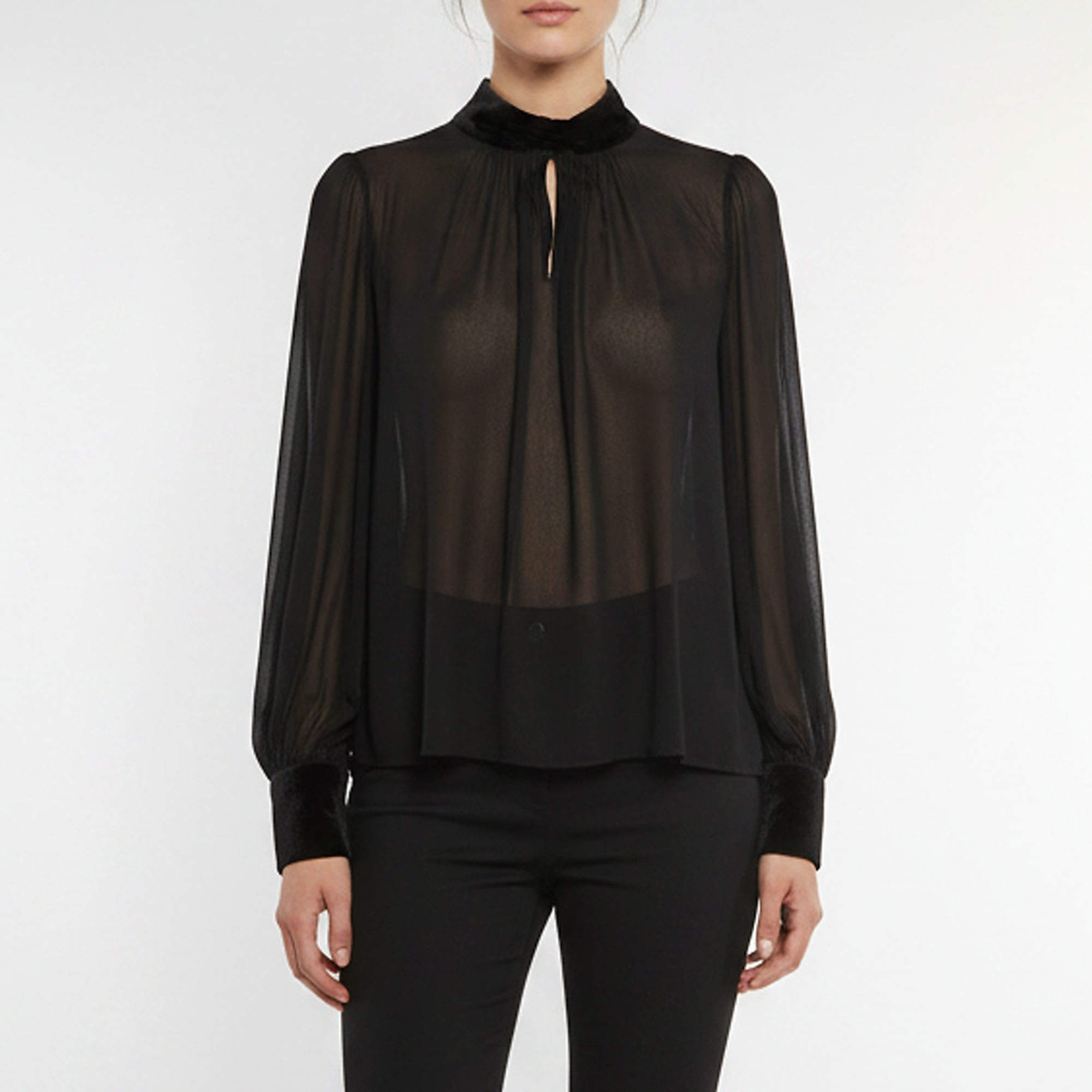 Pre Owned Max Mara Studio Black Chiffon and Velvet Sheer High Neck Blouse M