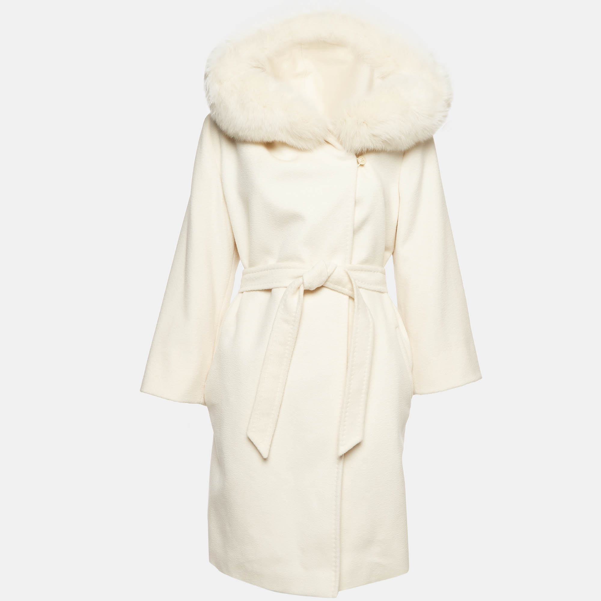 Pre Owned Max Mara Studio Cream Wool Fur Trim Mango Coat M