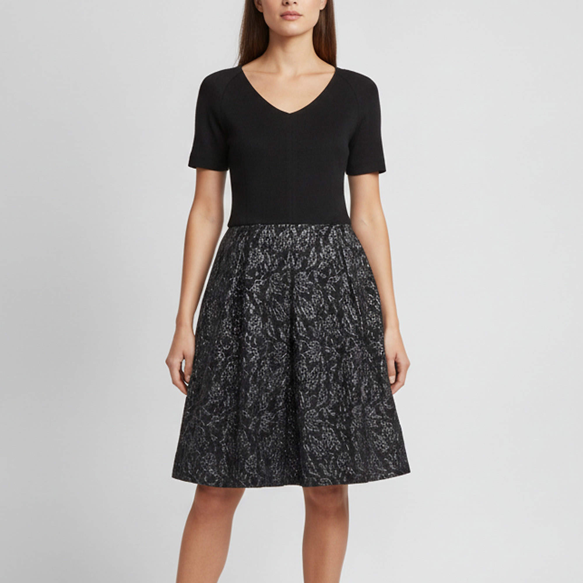 Pre Owned Max Mara Studio Black Stretch Crepe & Jacquard Flared Mini Dress L