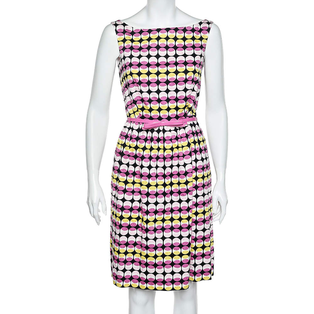 Max Mara Studio Pink & Yellow Geometric Printed Sleeveless Short Dress M