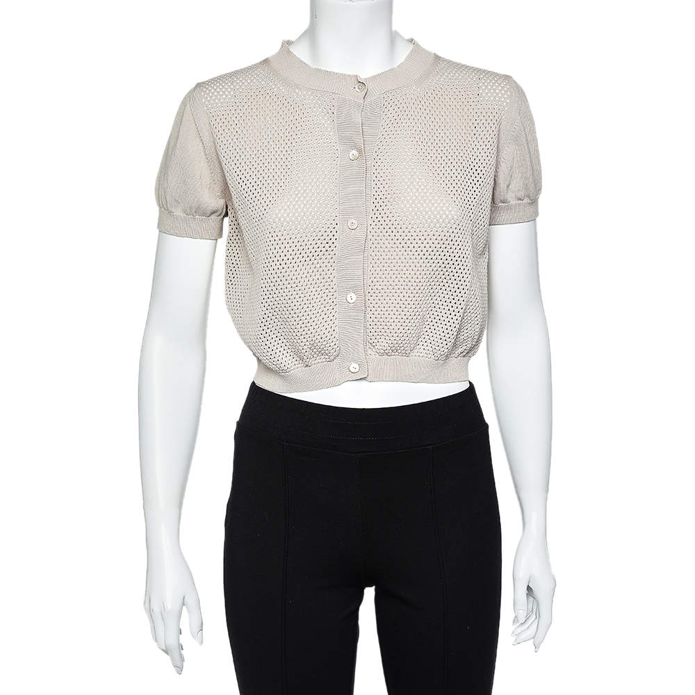 Max Mara Studio Beige Perforated Cotton Knit Cropped Cardigan L