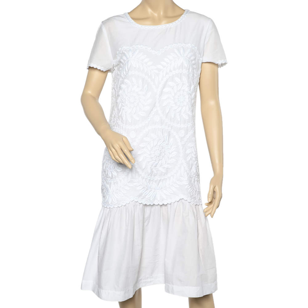 Max Mara Studio White Embroidered Cotton Layered Midi Dress M