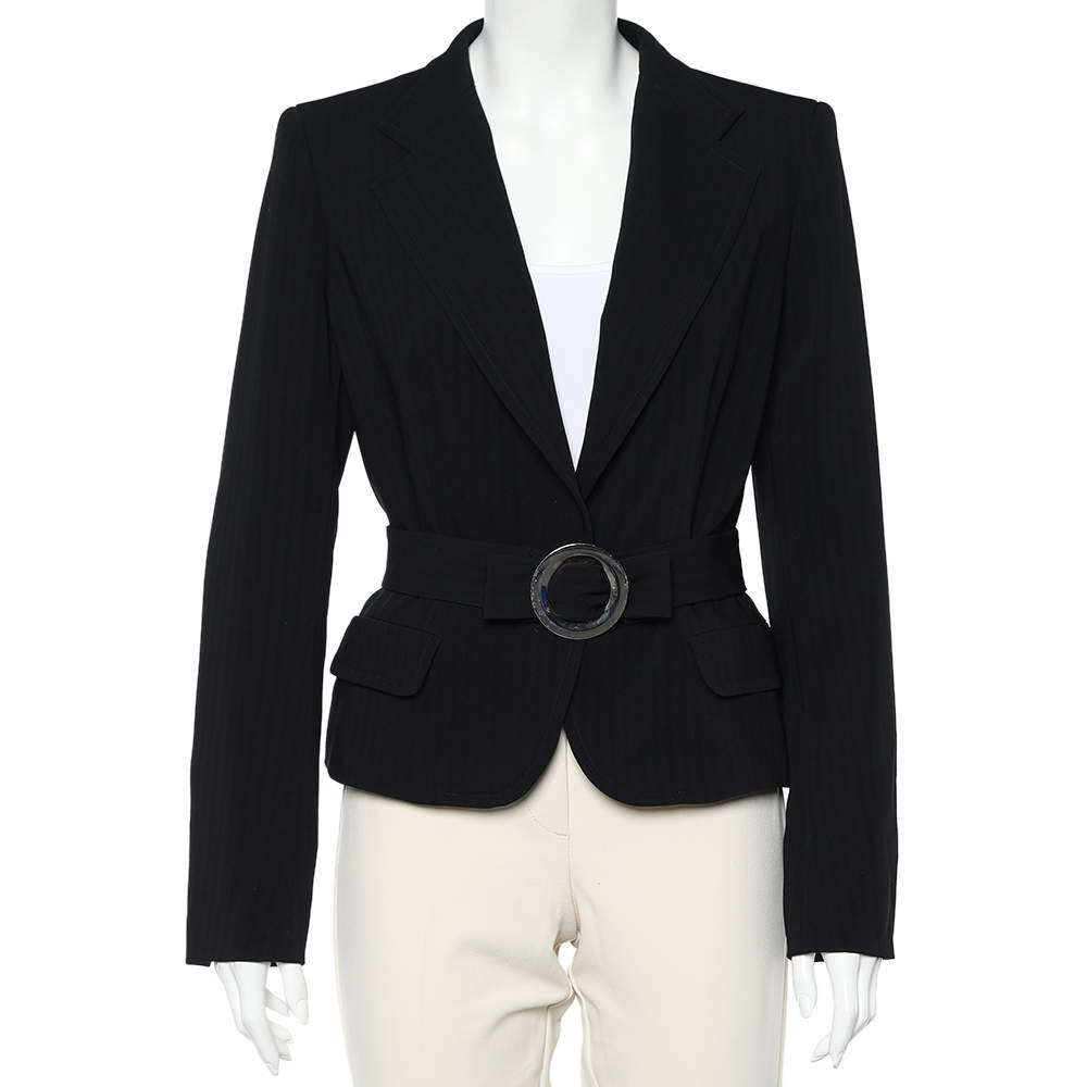 Max Mara Black Striped Crepe Belted Button Front Blazer M