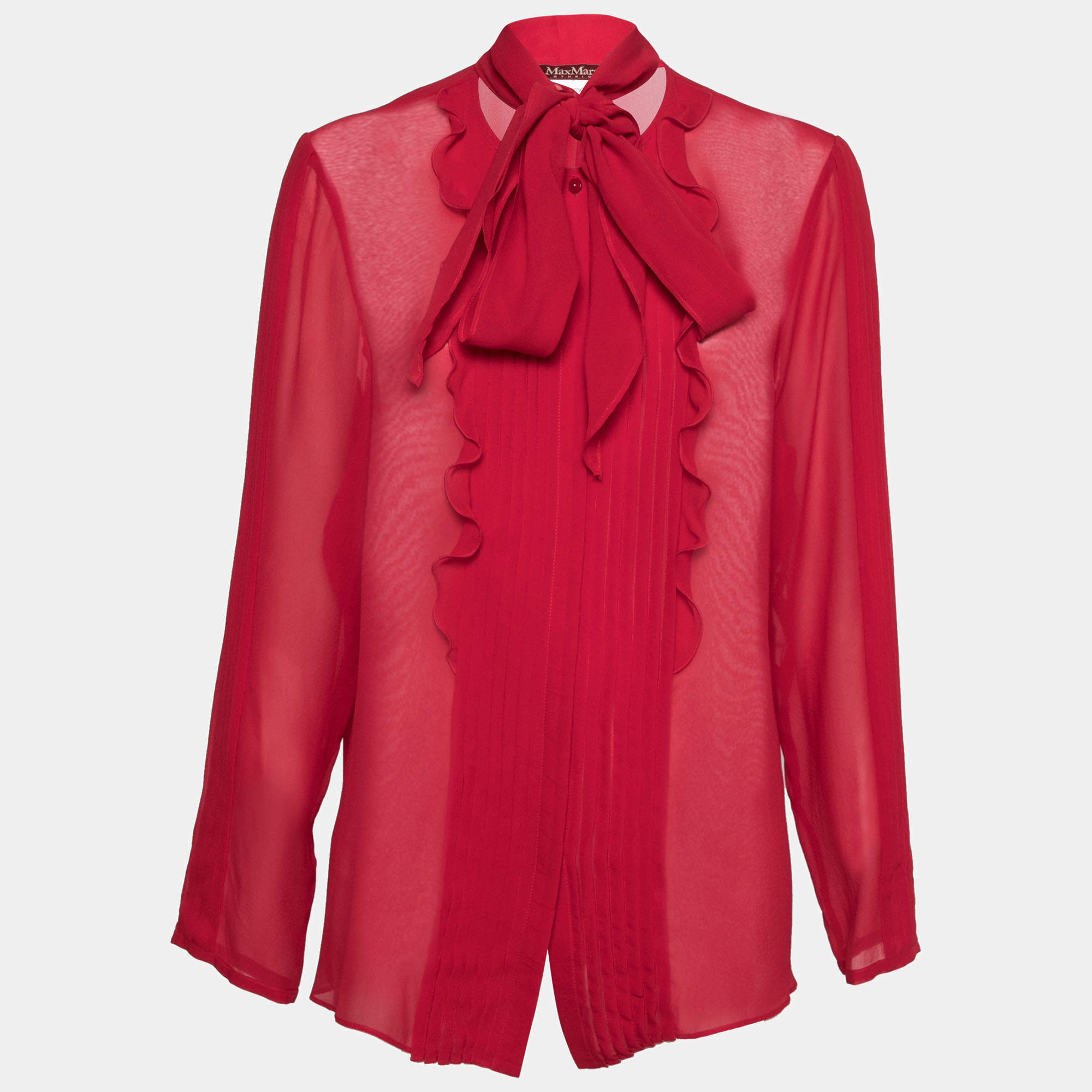 Max Mara Studio Red Silk Chiffon Ruffle Trimmed Blouse L