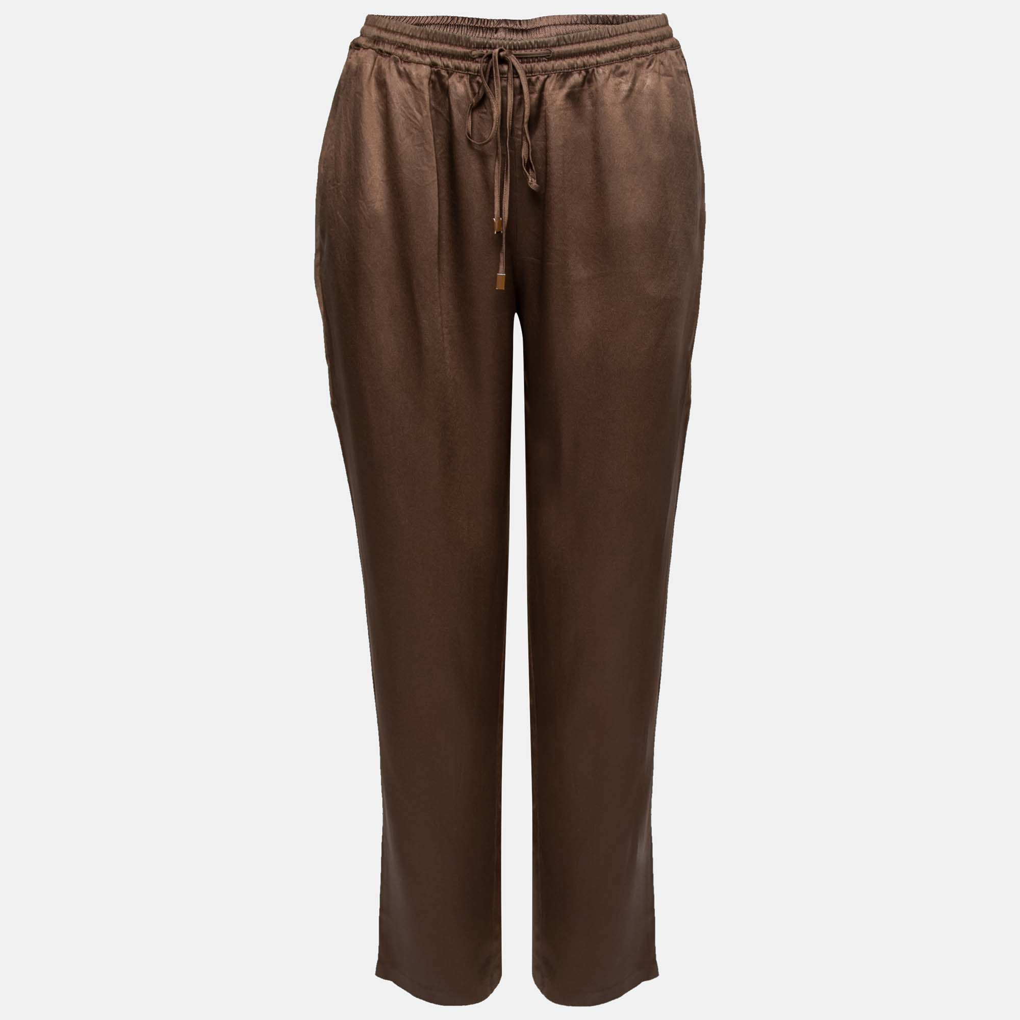 Pre Owned Max Mara Studio Brown Satin Drawstring Waist Trousers M