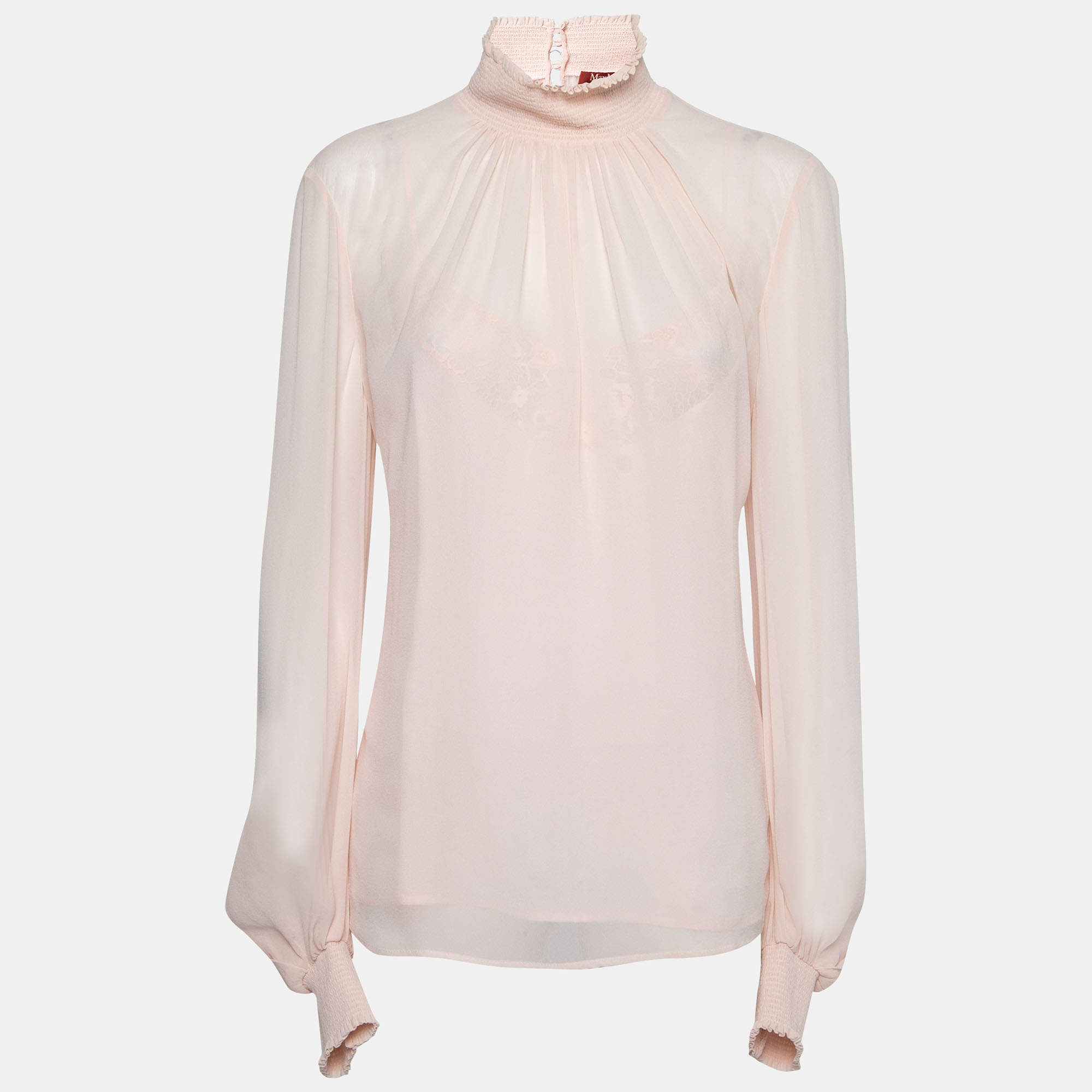 Pre Owned Max Mara Studio Pink Silk Chiffon Long Sleeve Blouse L
