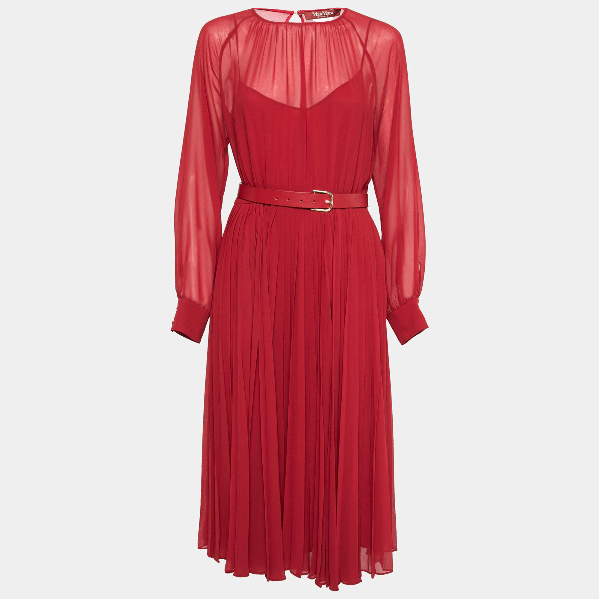 Max Mara Studio Red Chiffon Belted Pleated Dress M