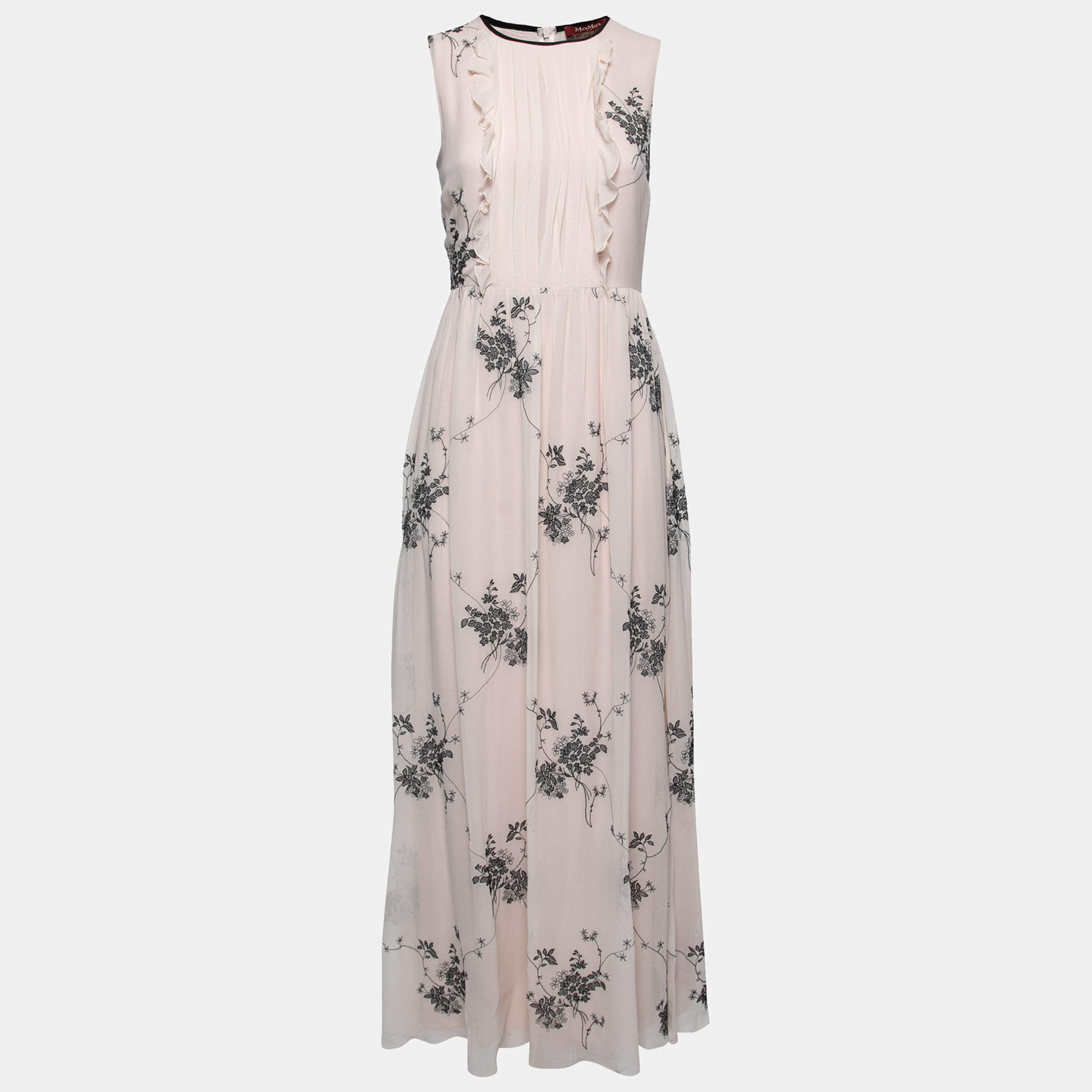 Pre Owned Max Mara Studio Pink Silk Floral Embroidered Ruffle Trimmed Dress S