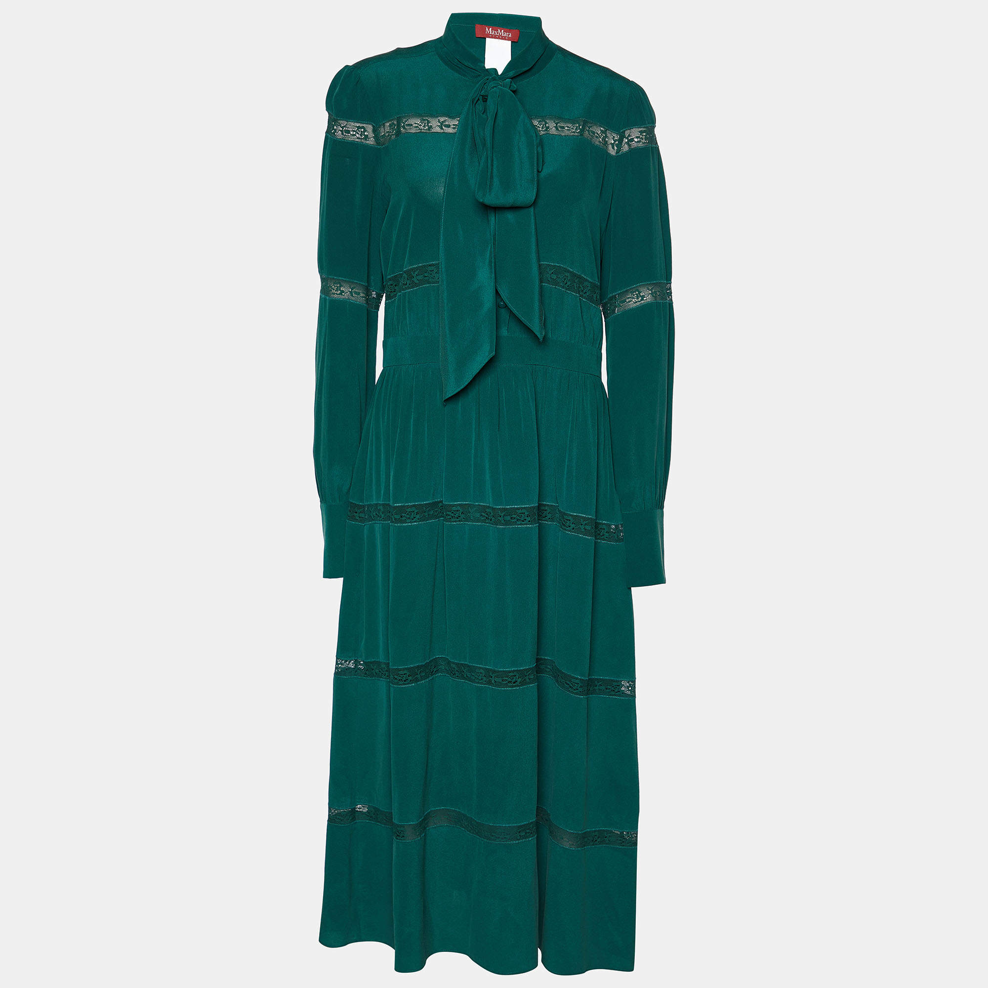 Max Mara Studio Green Crepe Silk Tiered Maxi Dress M