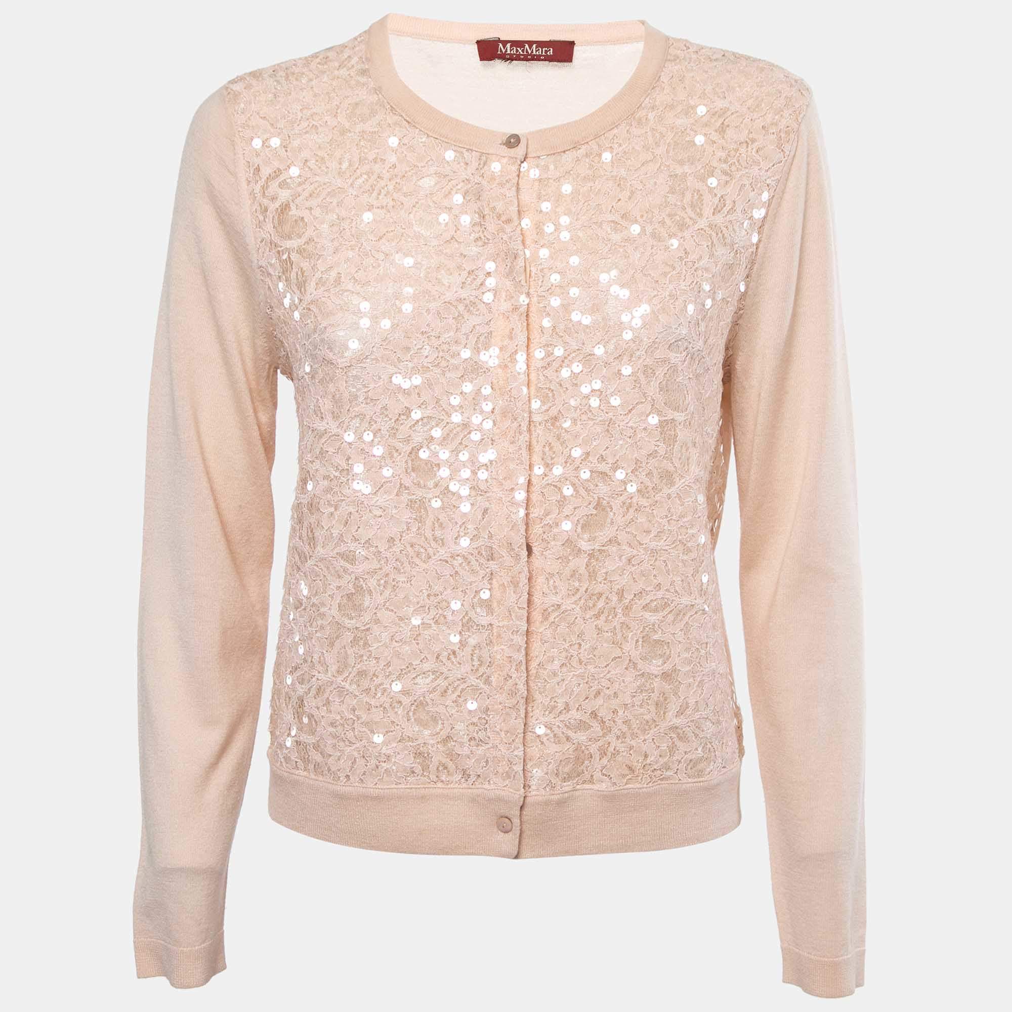 Max Mara Studio Peach Lace Sequin Paneled Cardigan S