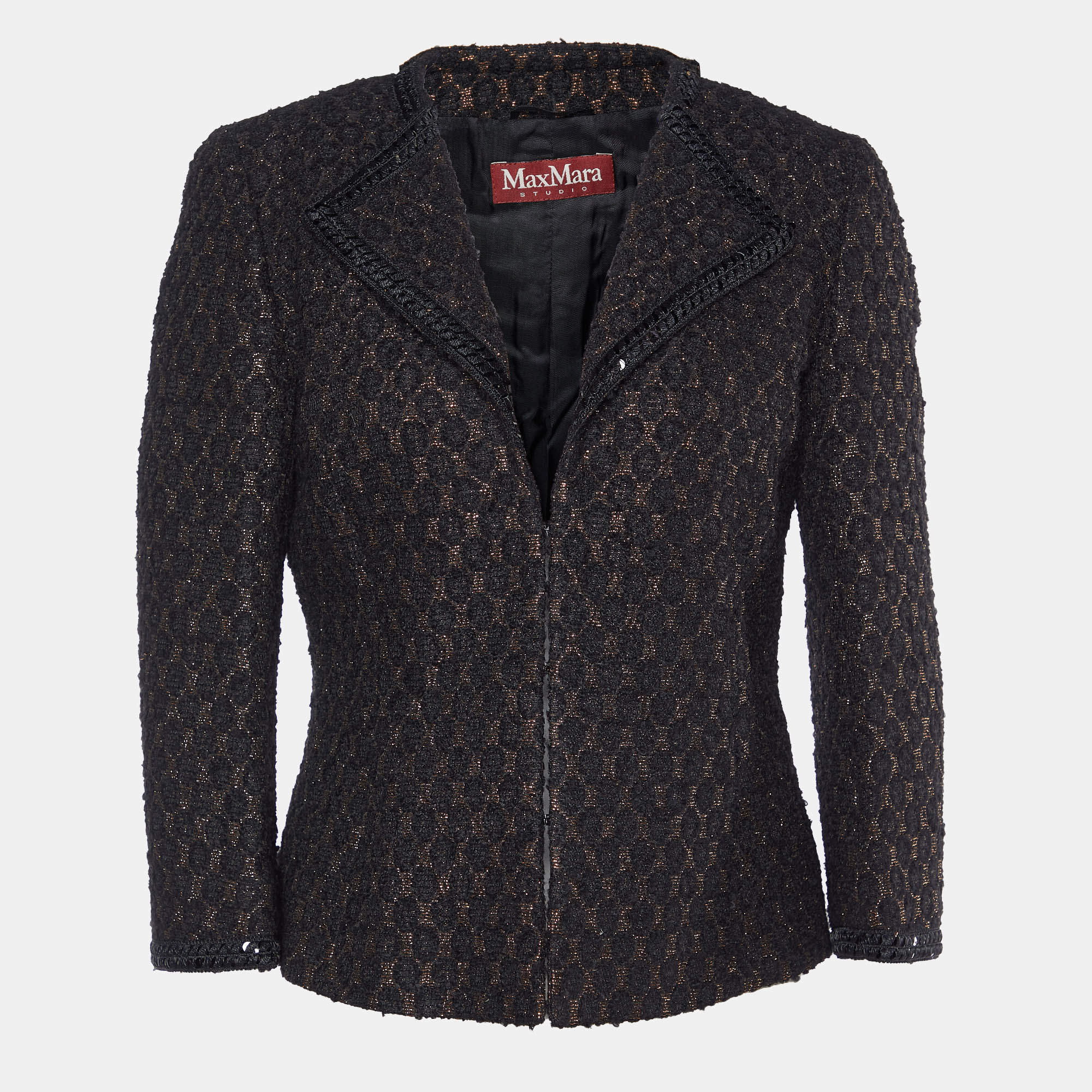 Max Mara Studio Brown Lurex Jacquard hook Front Jacket M