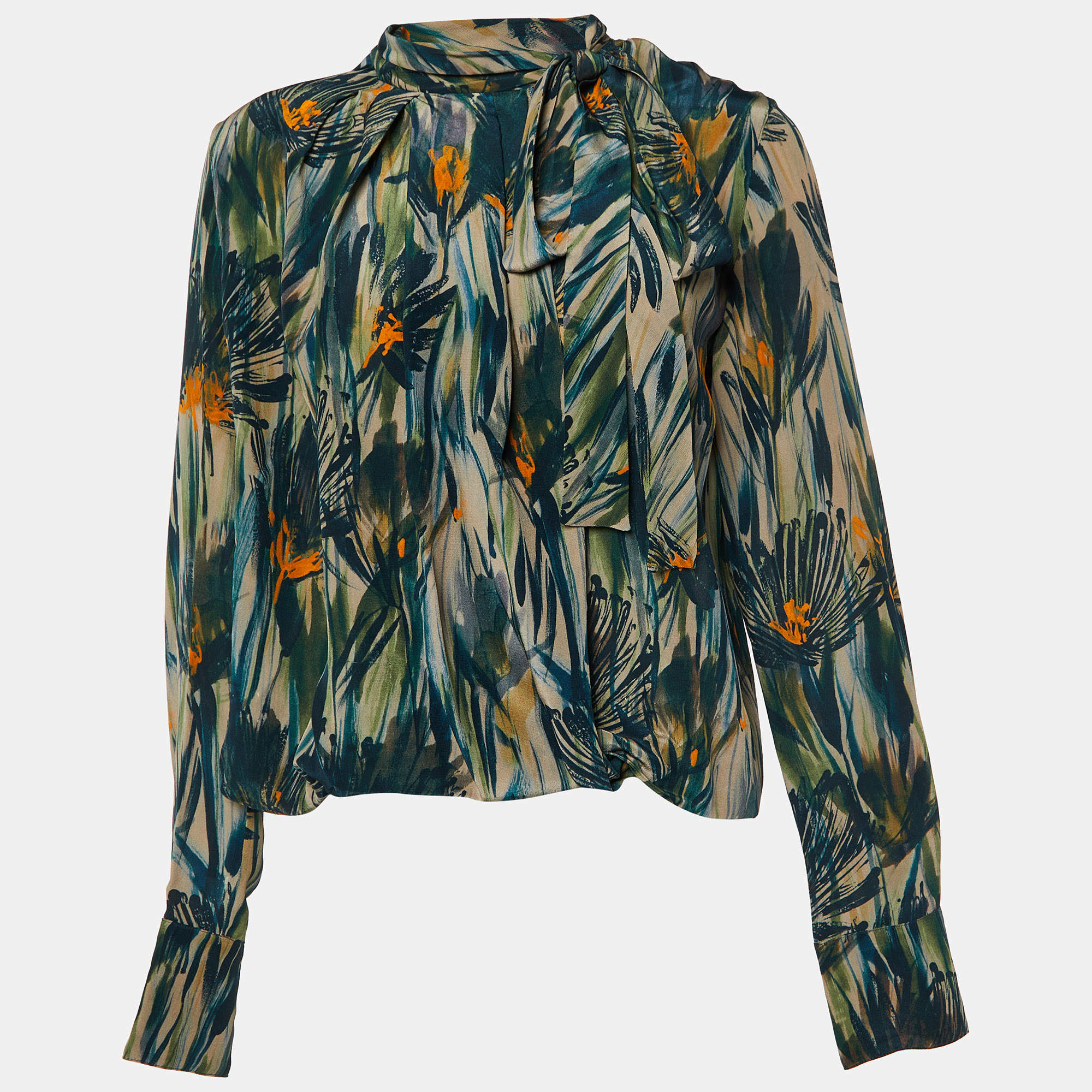 Max Mara Studio Multicolor Printed Silk Neck Tie Detail Top M