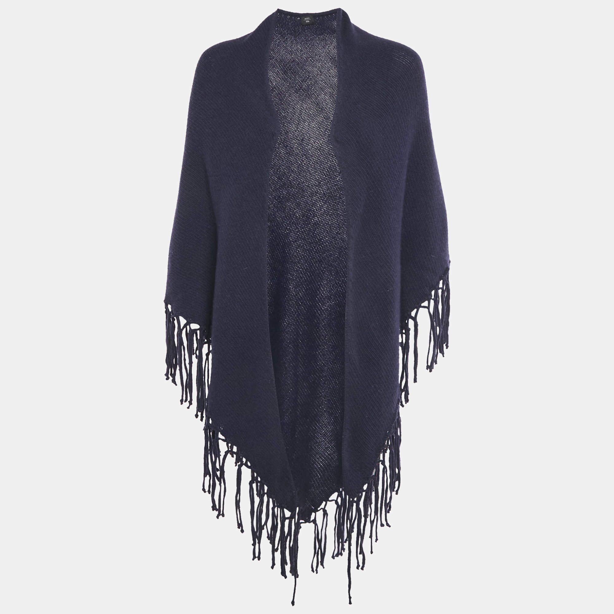 Pre Owned Max Mara Navy Blue Wool Knit Fringed Triangular Shawl 