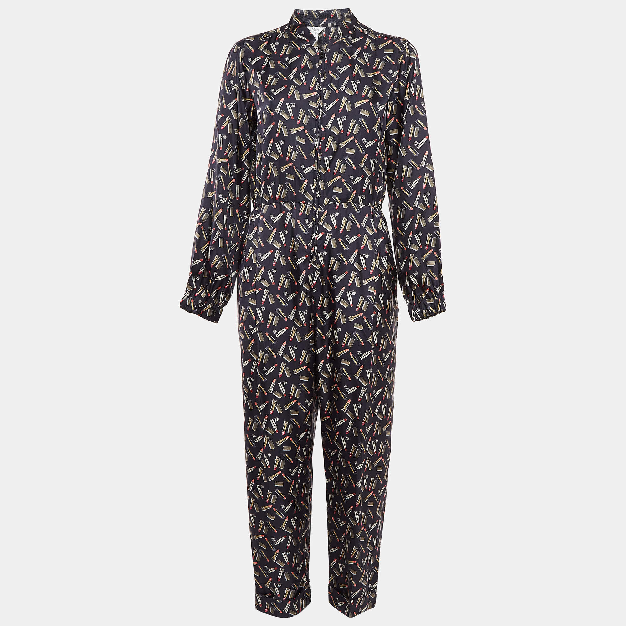 Max Mara Blue Lipsticks Print Silk Zip-Up Jumpsuit M