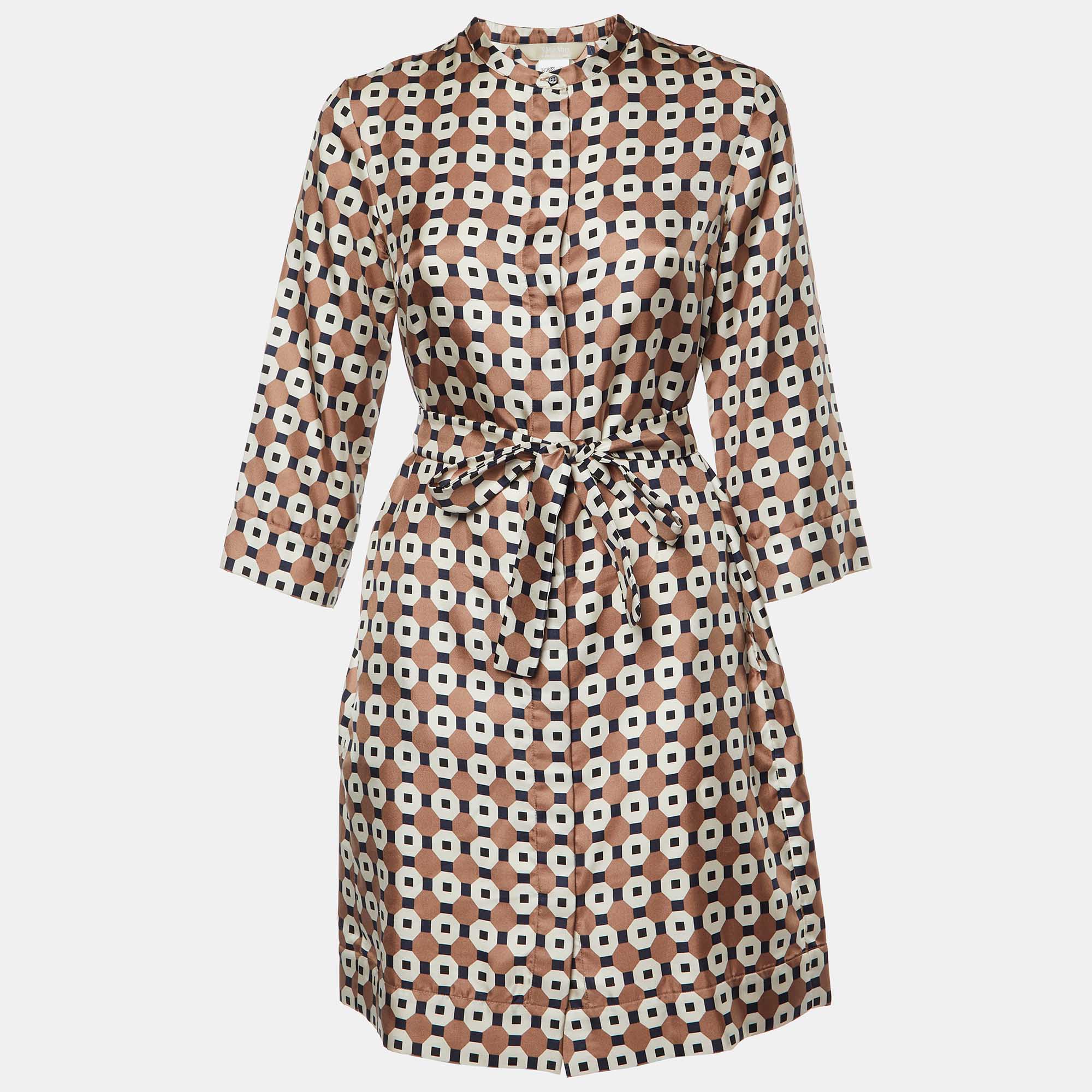 Pre Owned S'Max Mara Brown Geometric Print Silk Belted Shirt Dress S