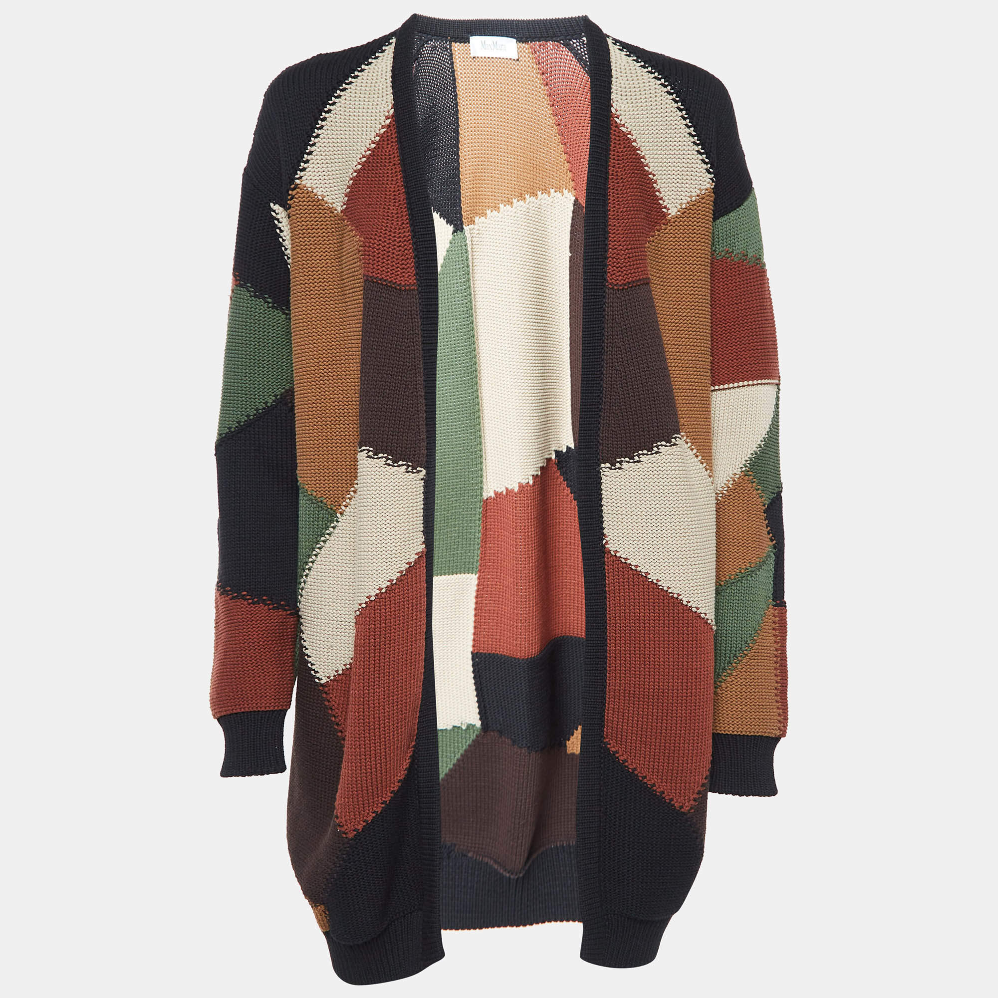 Max Mara Multicolor Intarsia Patterned Knit Open Cardigan S
