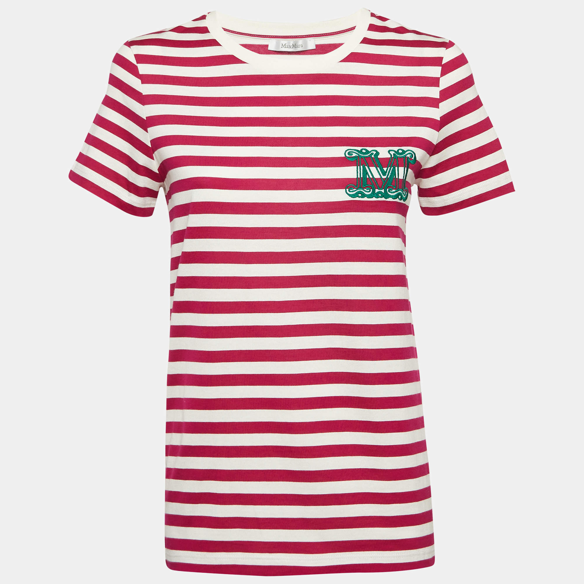 Pre Owned Max Mara Pink/White Embroidered Cotton T-Shirt M