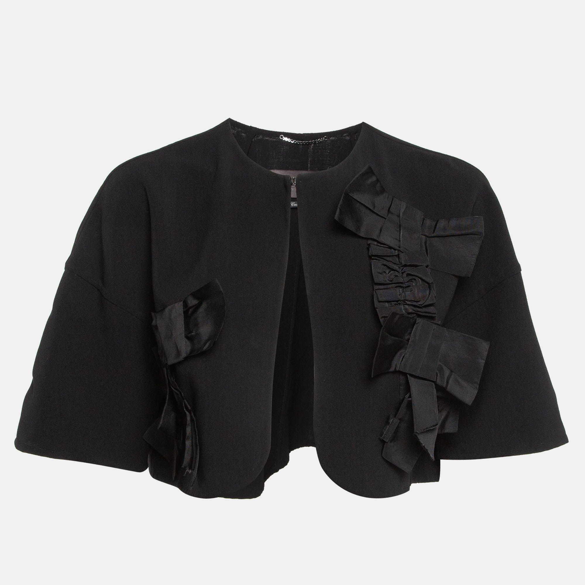 Max Mara Black Wool Front Open Ribbon Work Cropped Jacket S