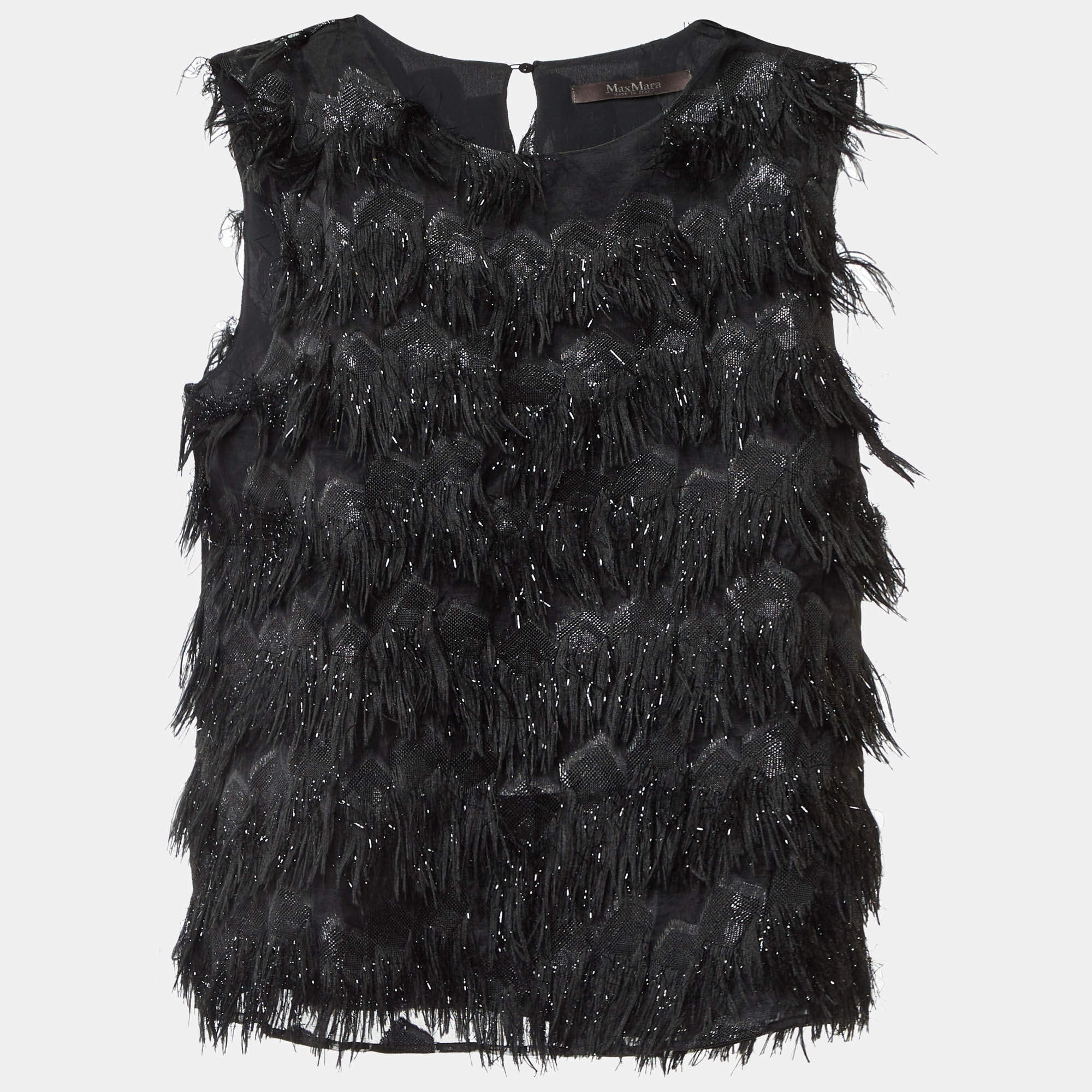 Pre Owned Max Mara Black Lurex Silk Fringed Sleeveless Top L