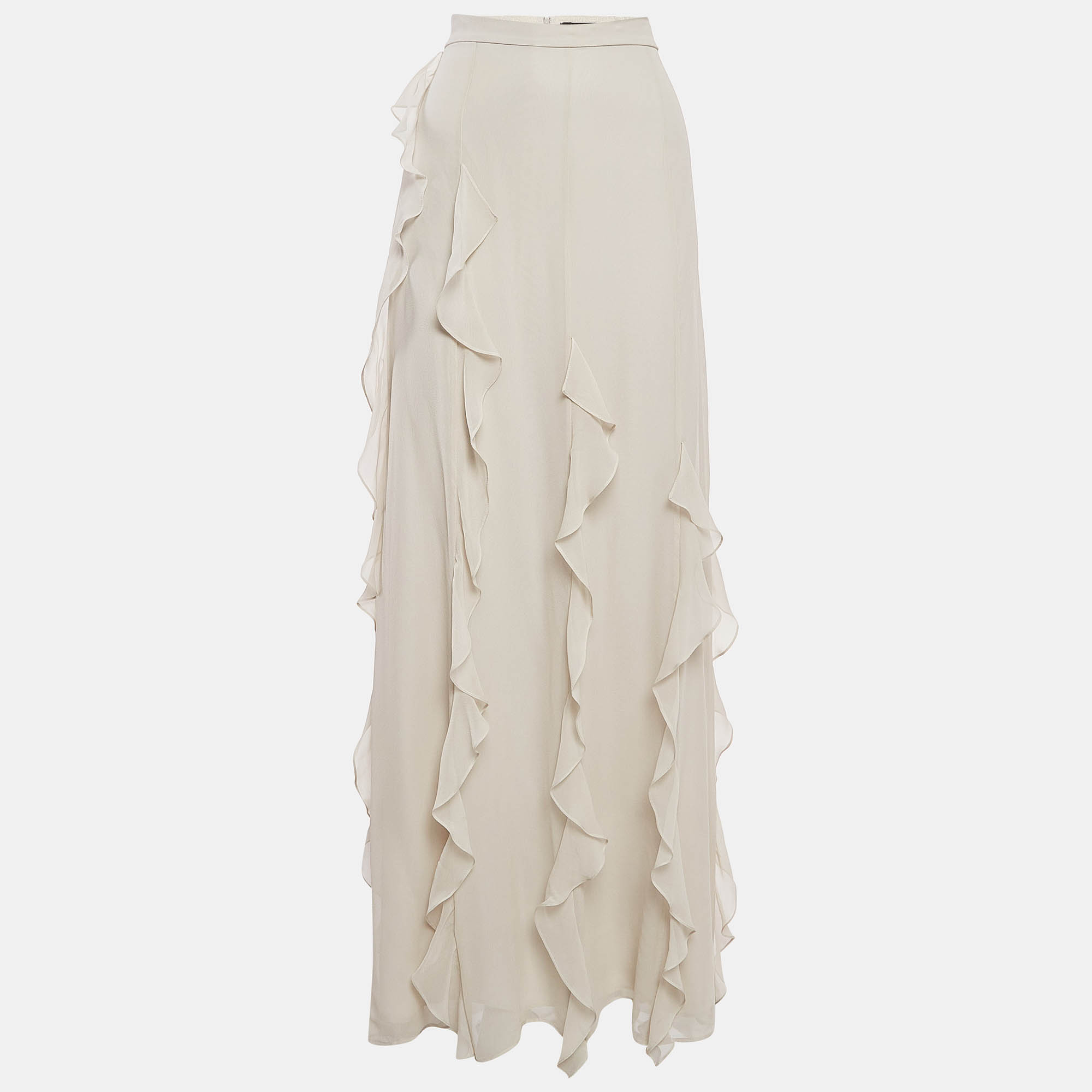 Pre Owned Max Mara Grey Silk Ruffled Maxi Skirt L