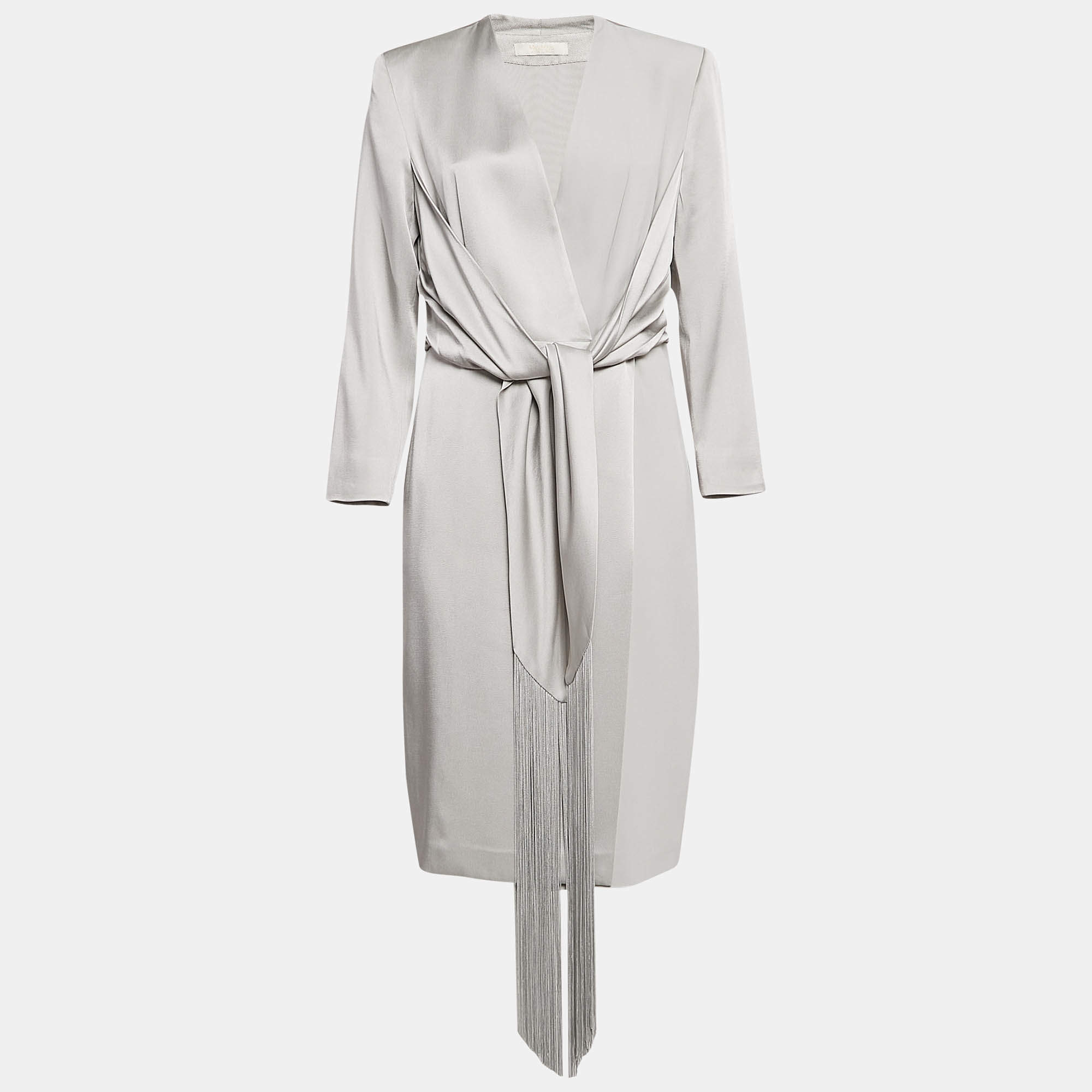Pre Owned Max Mara Grey Crepe Fringe Cuff Detail Wrap Dress L
