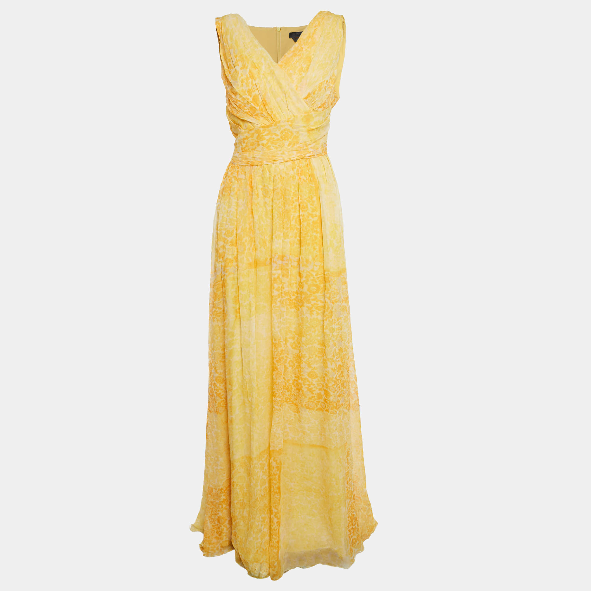 Max Mara Yellow Abstract Print Chiffon Silk Sleeveless Draped Gown L