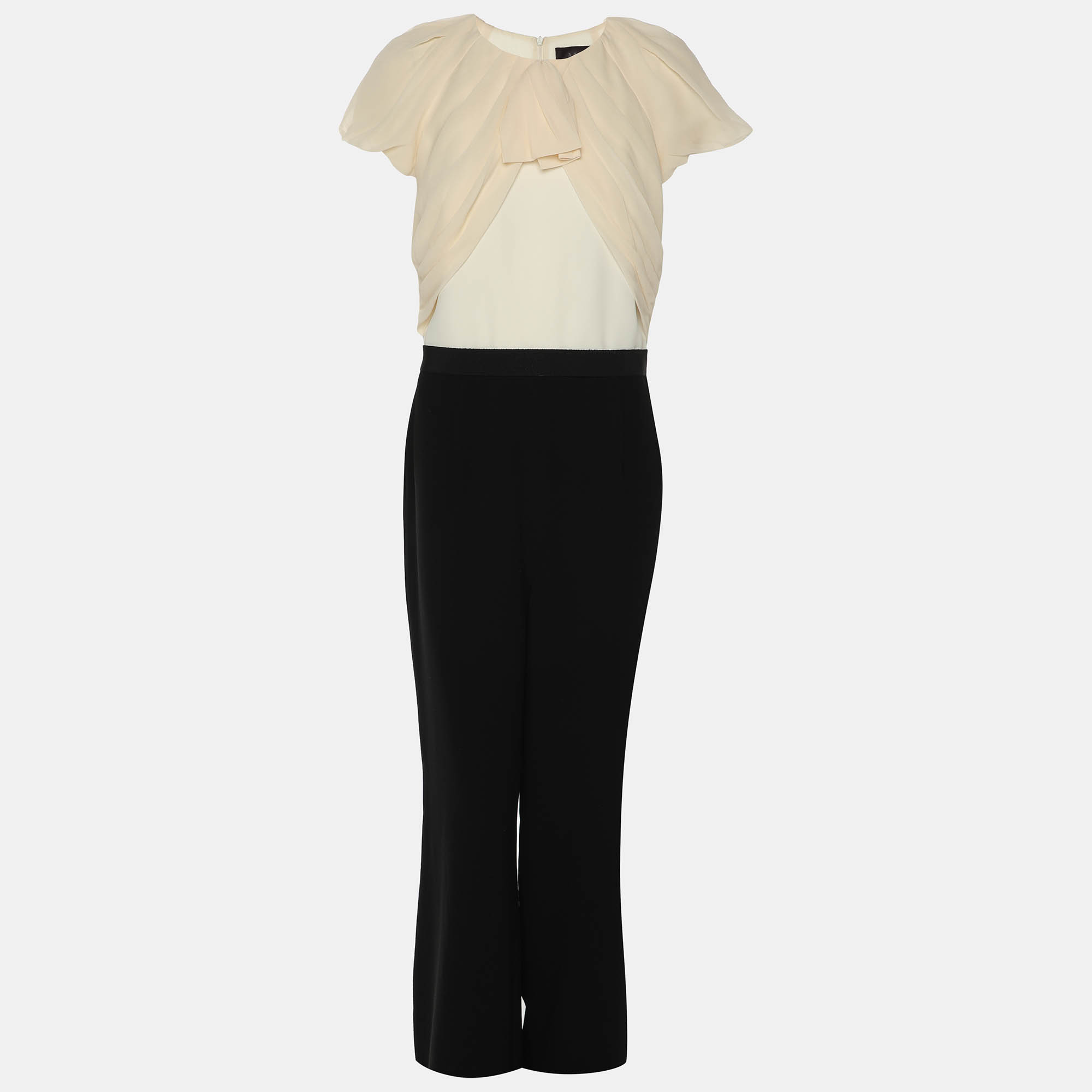 Max Mara Cream/Black Fabric Short Sleeve Belted Jumpsuit M