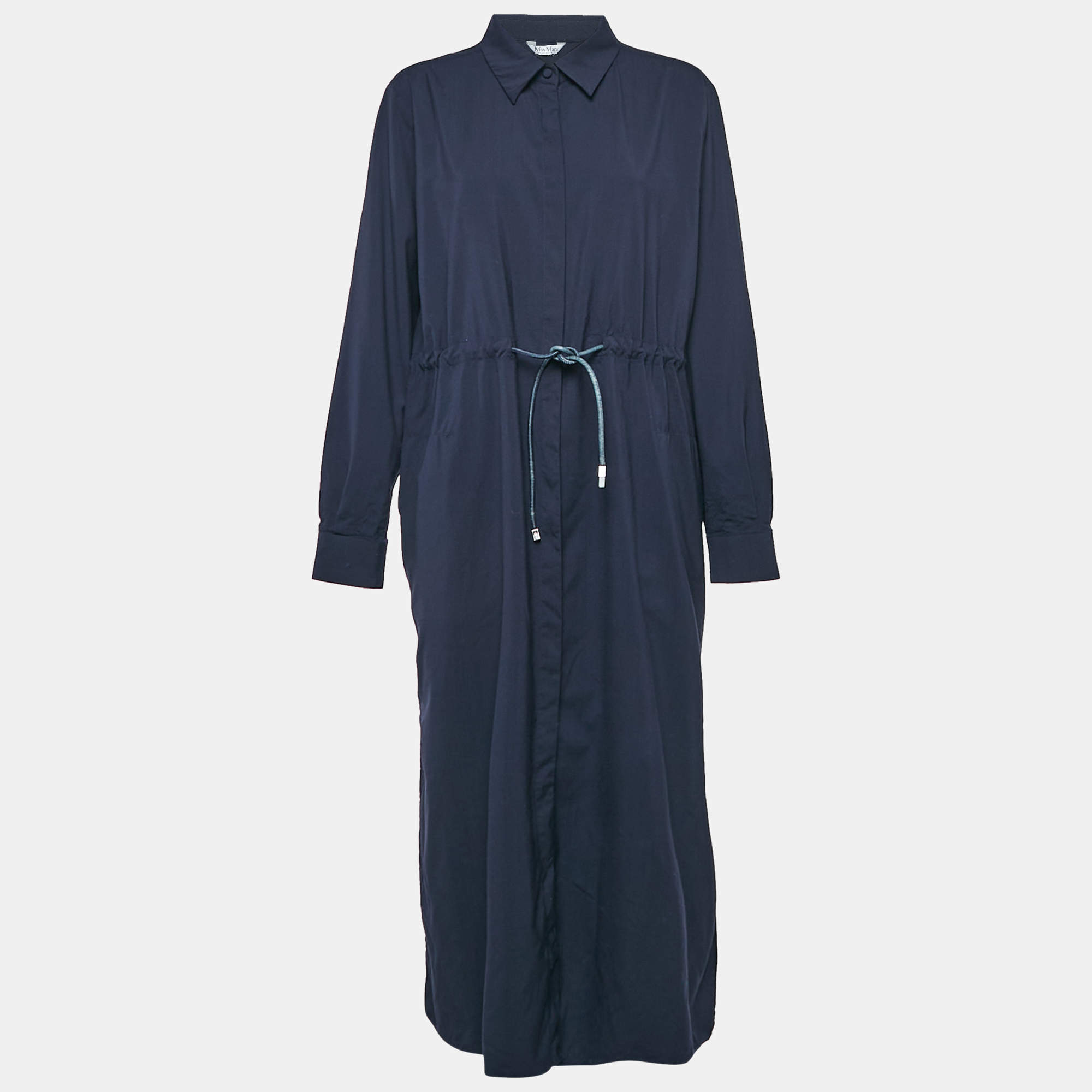 Max Mara Navy Blue Cotton Button Front Midi Dress L