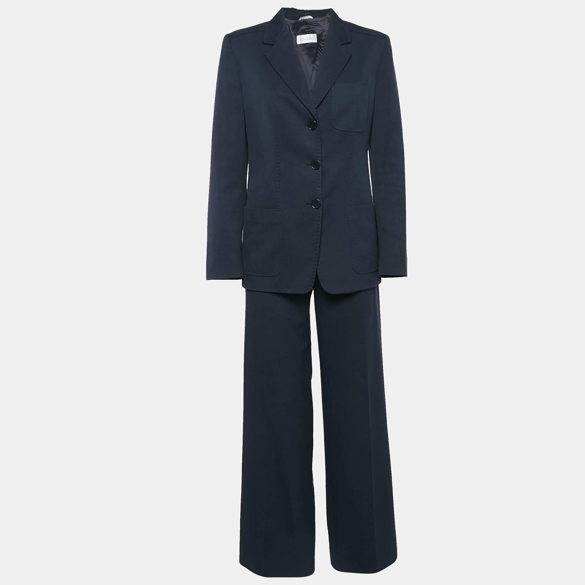 Pre Owned Max Mara Navy Blue Gabardine Cotton Tailored Pants Suit M