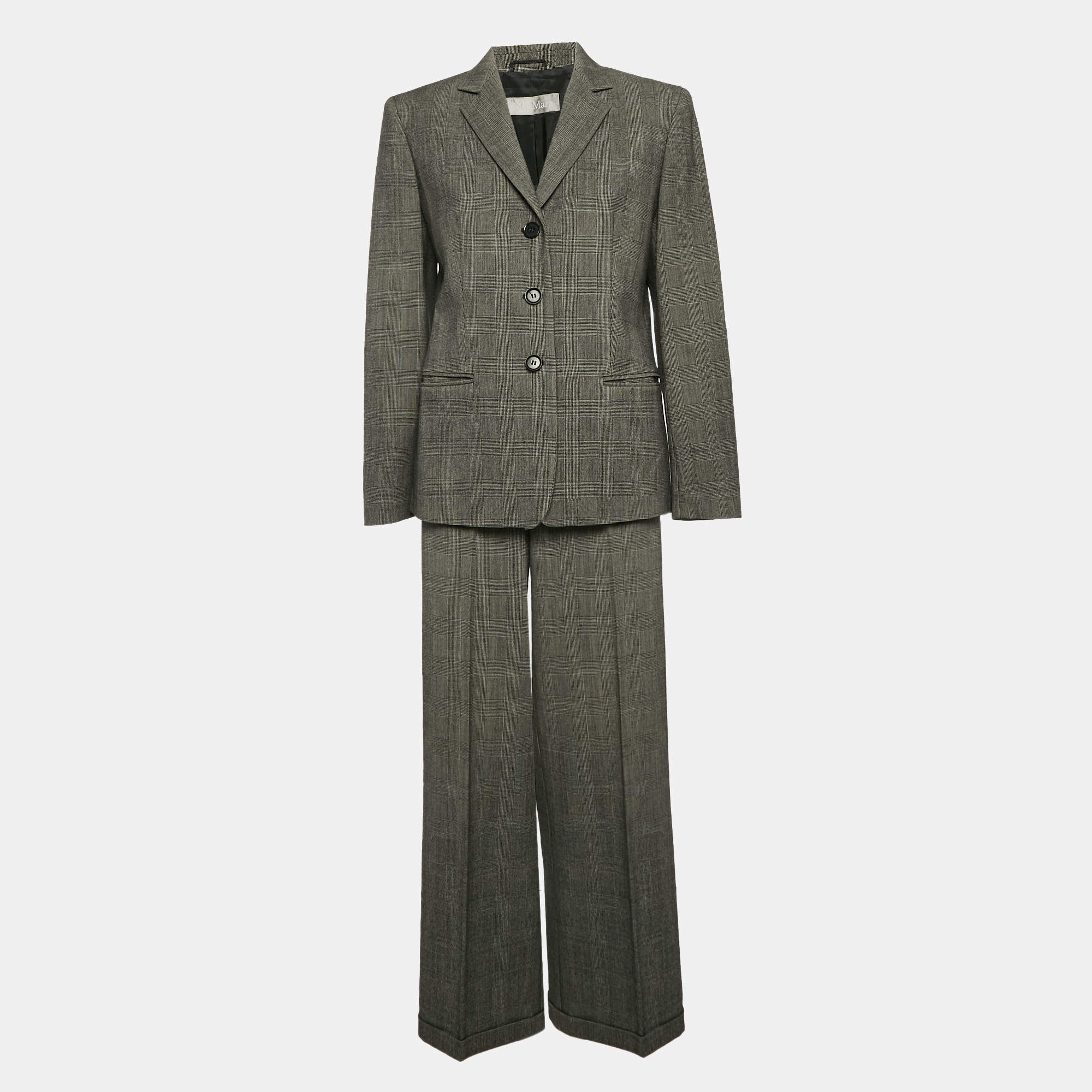 Max Mara Grey Plaid Wool Single Breasted Pants Suit M